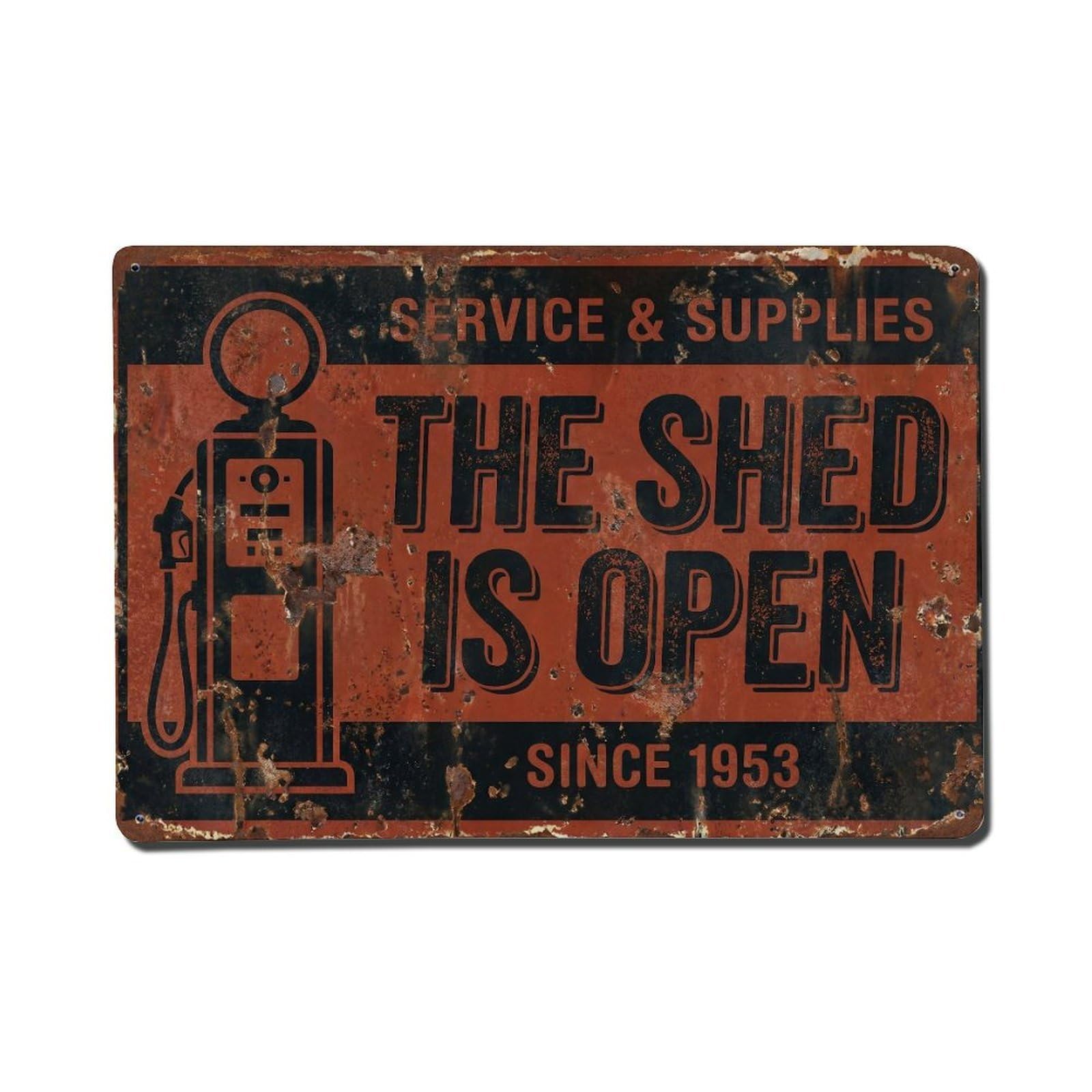 Shed Open DIY Repair Workshop Tinkering Tools Metal Tin Sign Plaque Wall Decor for Cafe, Man Cave, Club Bar, Office, Home Garden Round Metal Poster 8x12Inch