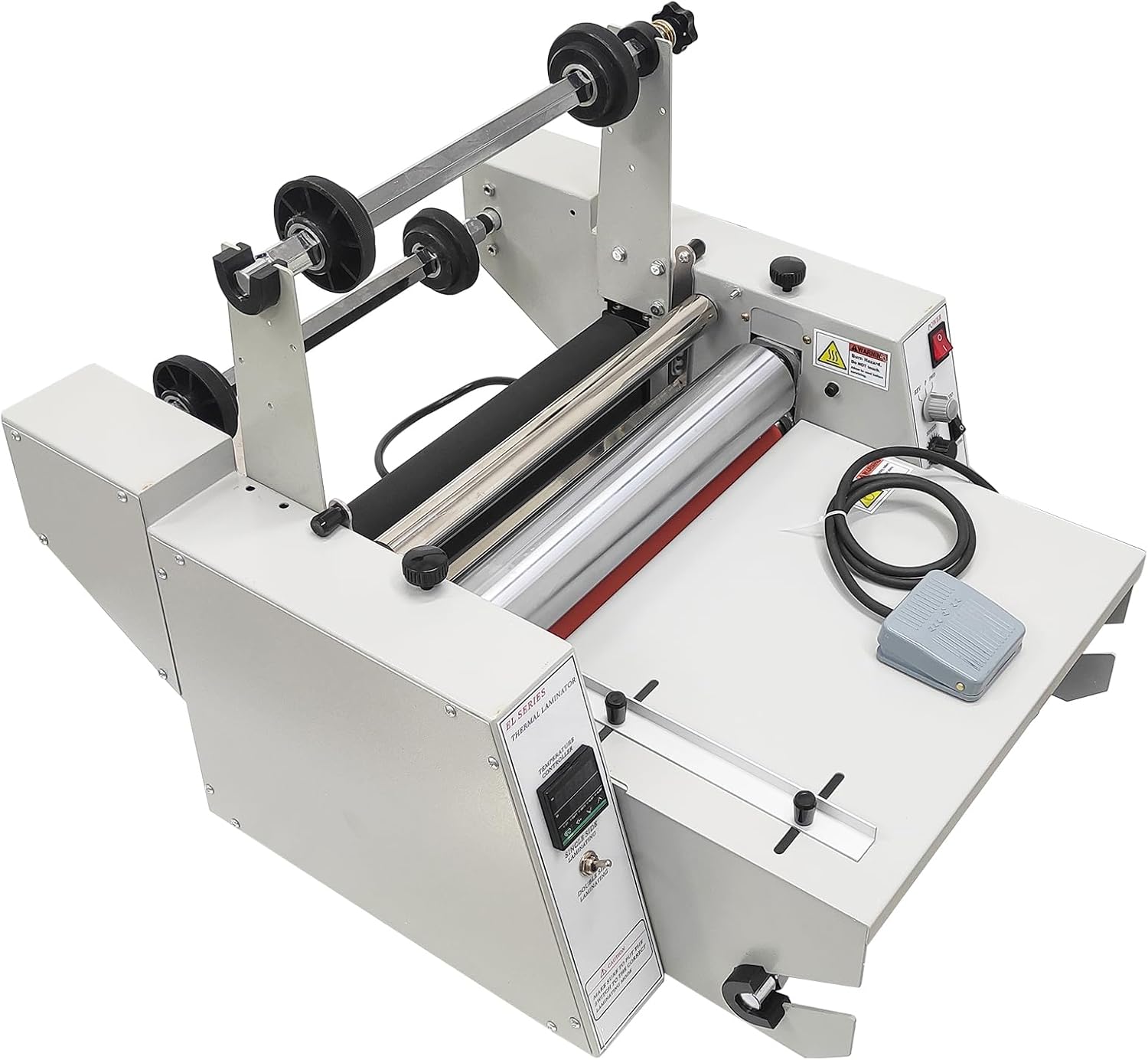 Steel Roller Thermal Roll Laminator with Foot Switch and Rewind System – 14.17" Wide, Dual-Side Electric Laminating Machine, 1-5m/min Speed for Office Print Shop School