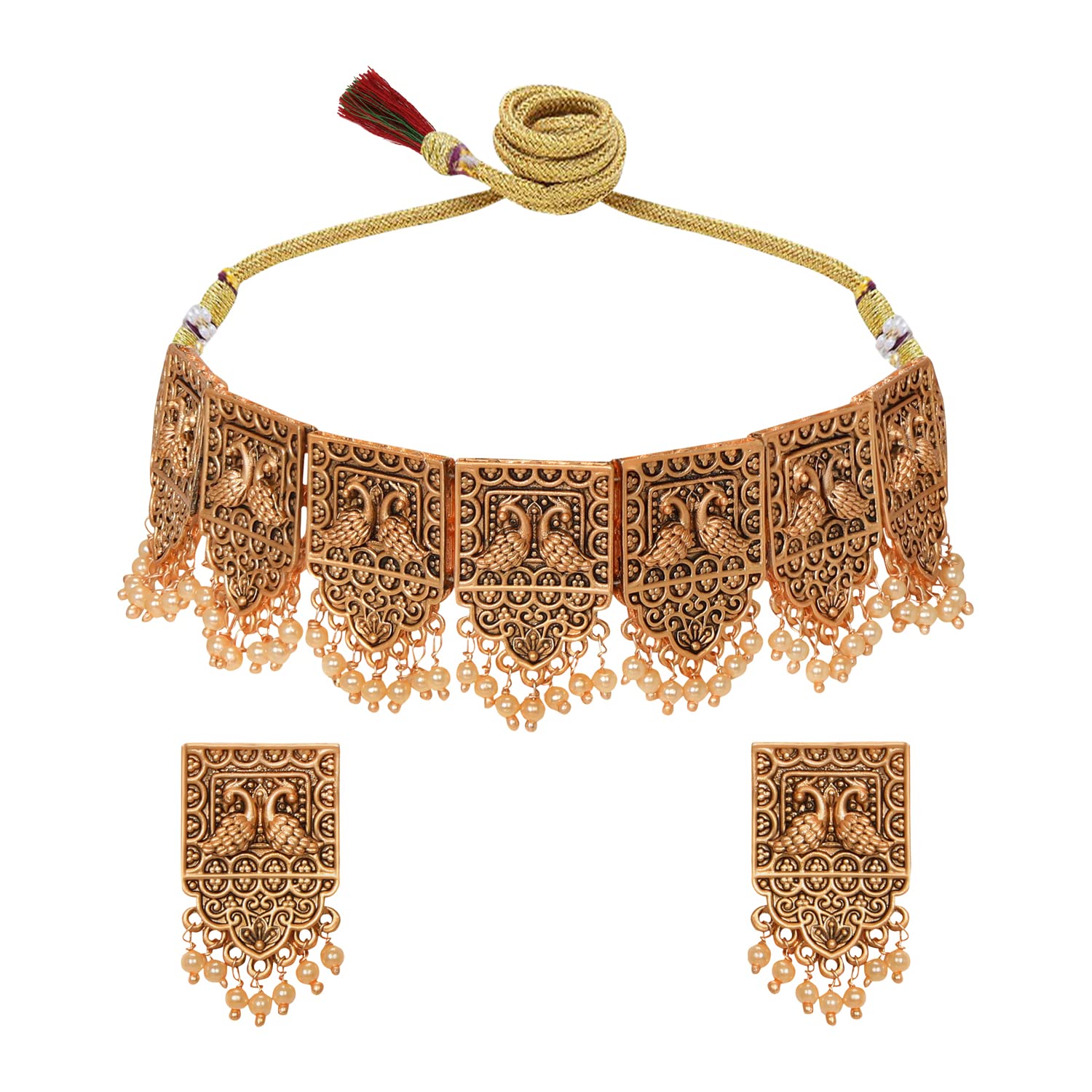 ACCESSHERAntique Rose Gold Inspired Peacock Motif with Pearls Embedded Traditional Choker Set with Statement Earrings for Women and Girls Pack of 1 Set