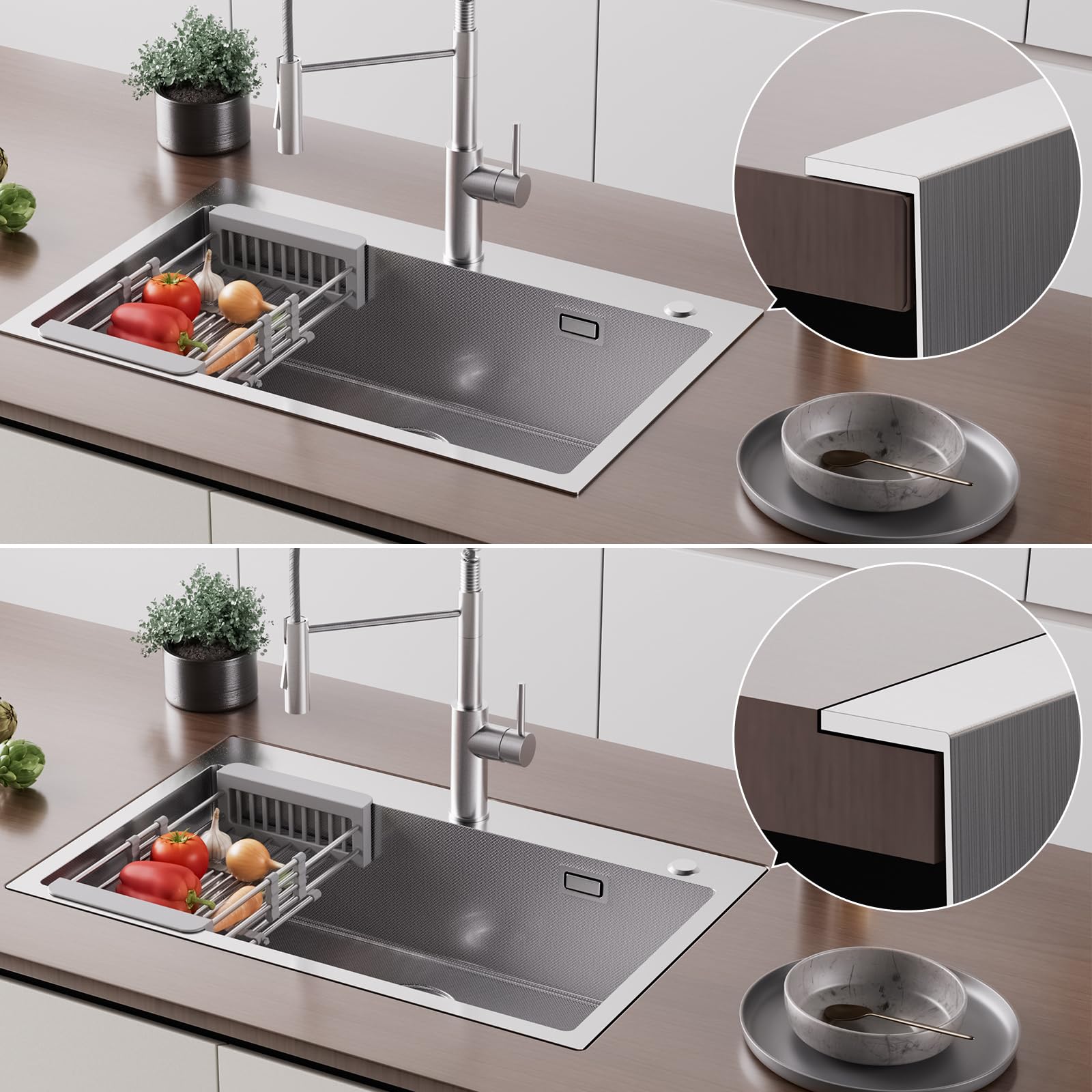 CECIPA 70×45cm Fregadero Sobre Encimera Con Cesta de Drenaje, Grande Cocina 1 Seno Para Armarios de 70cm o Más, Multifuncional de Acero Inox Con Sifón, Rebosadero y Residuos