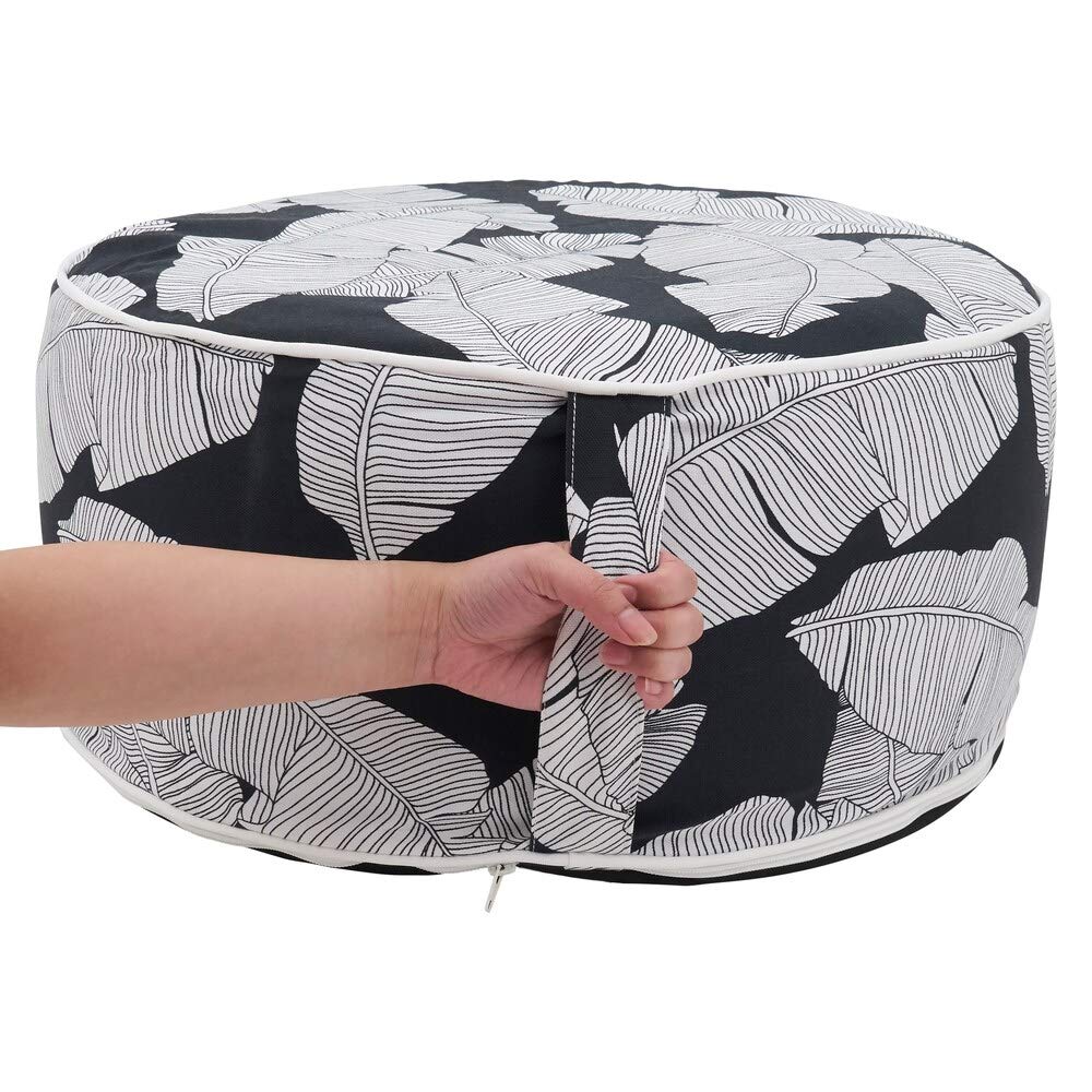 Fennco Styles Black & White Banana Leaf Round Indoor & Outdoor Pouf – 200lbs Weight Capacity Removable Cover Ottoman for Low Seat, Bedroom, Backyard and Living Room Décor