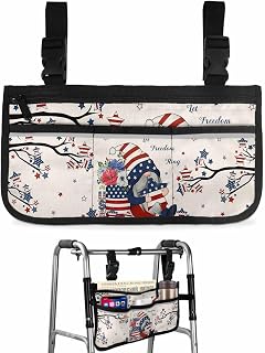 4th of July Wheelchair Side Bag Walker Bag, Independence Day Gnomes Red Blue Star Tree Poppy Wheelchair Accessories Armrest Pouch, Organizer Storage Bag for Walkers, Rollators, 7.3''x13''