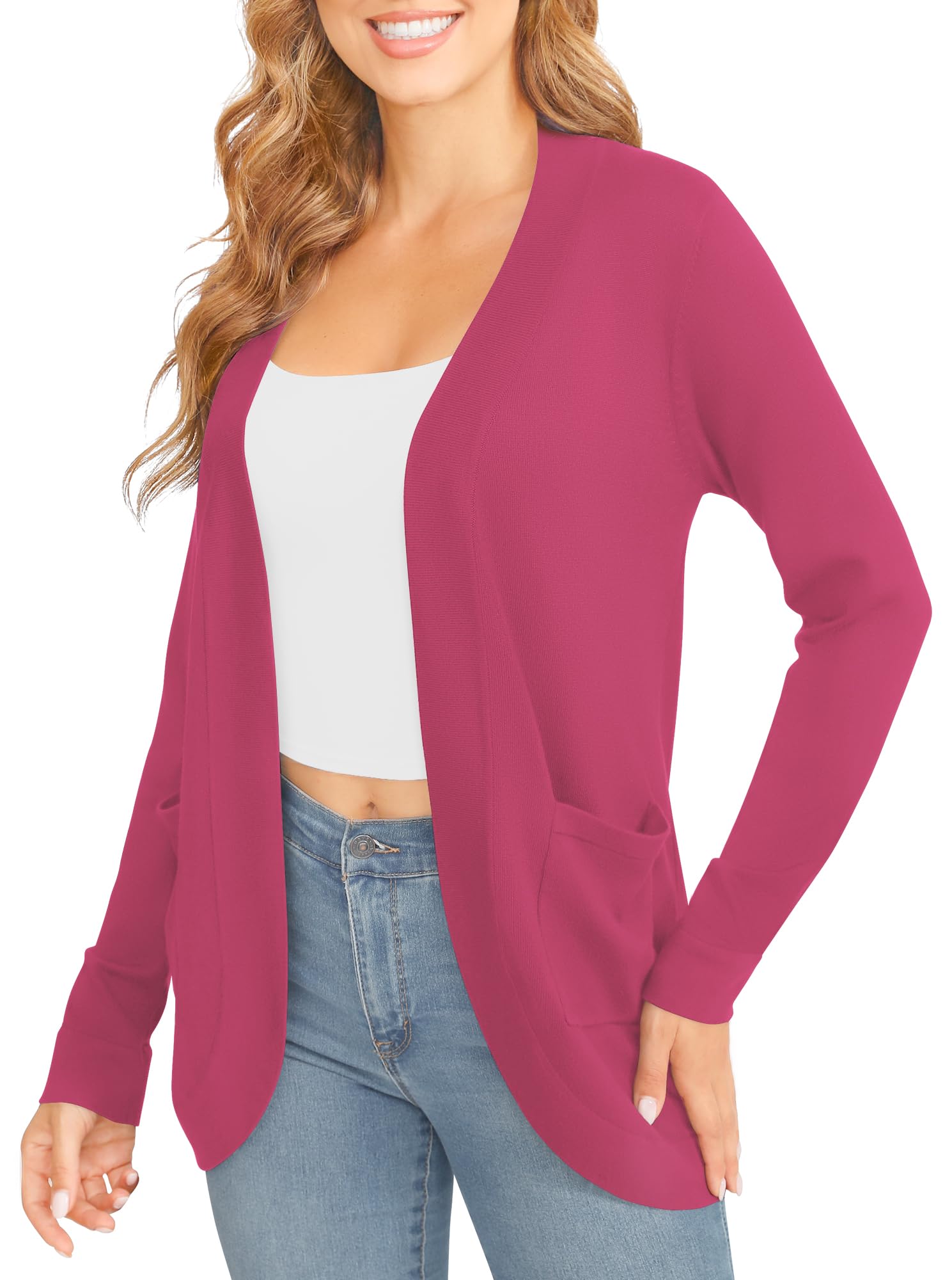 EXCHIC Femmes élégant Léger Manches Longues Cardigan Ourlet Incurvé Front Ouvert Jersey Tricot Pulls avec Poches