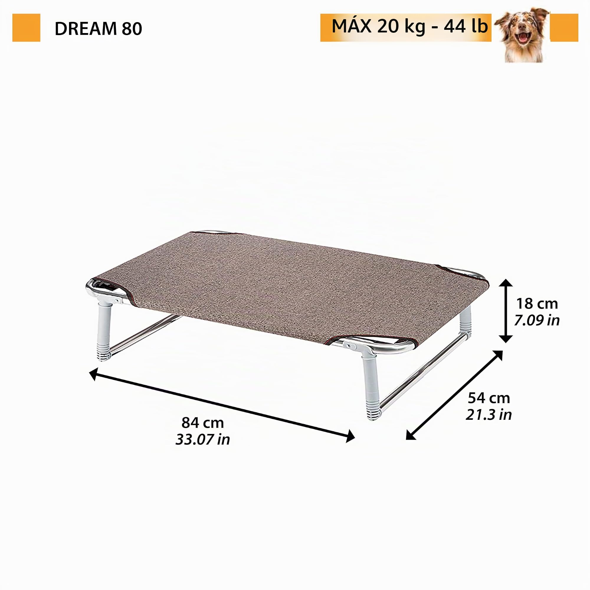 Ferplast Cama elevada Plegable para Perros Dream 80, Cama elevada con una sólida Estructura de Aluminio con elásticos Reforzados, Tela de Tejido, 84 x 54 x h 7 cm Tórtola, Negro (70508989)