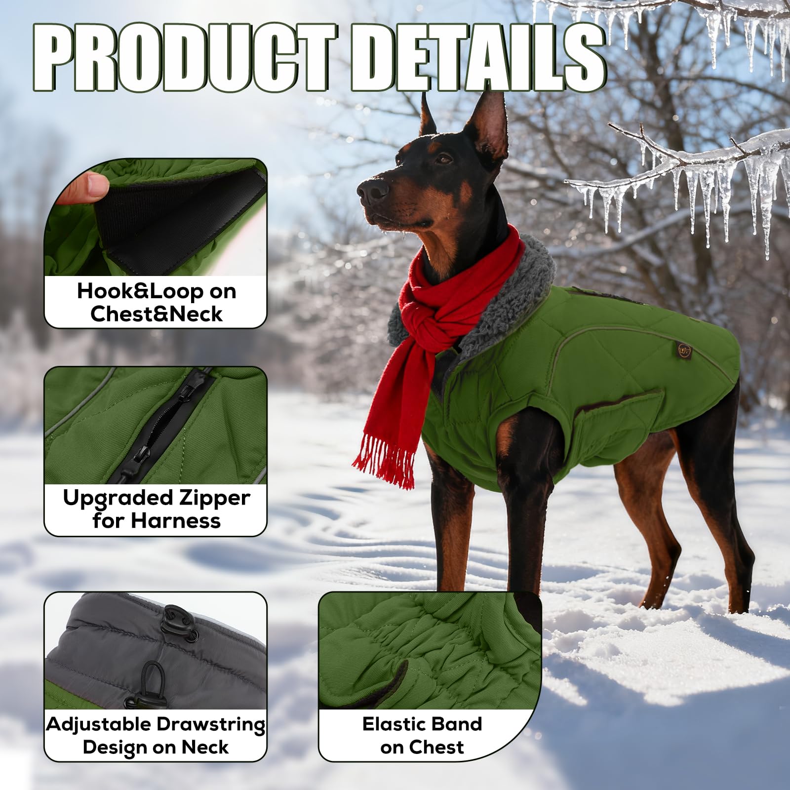 EMUST Abrigo para perros de invierno, ropa gruesa para perros medianos Boy, abrigos para perros de invierno con orificio para arnés, abrigos para perros para clima frío, verde, M