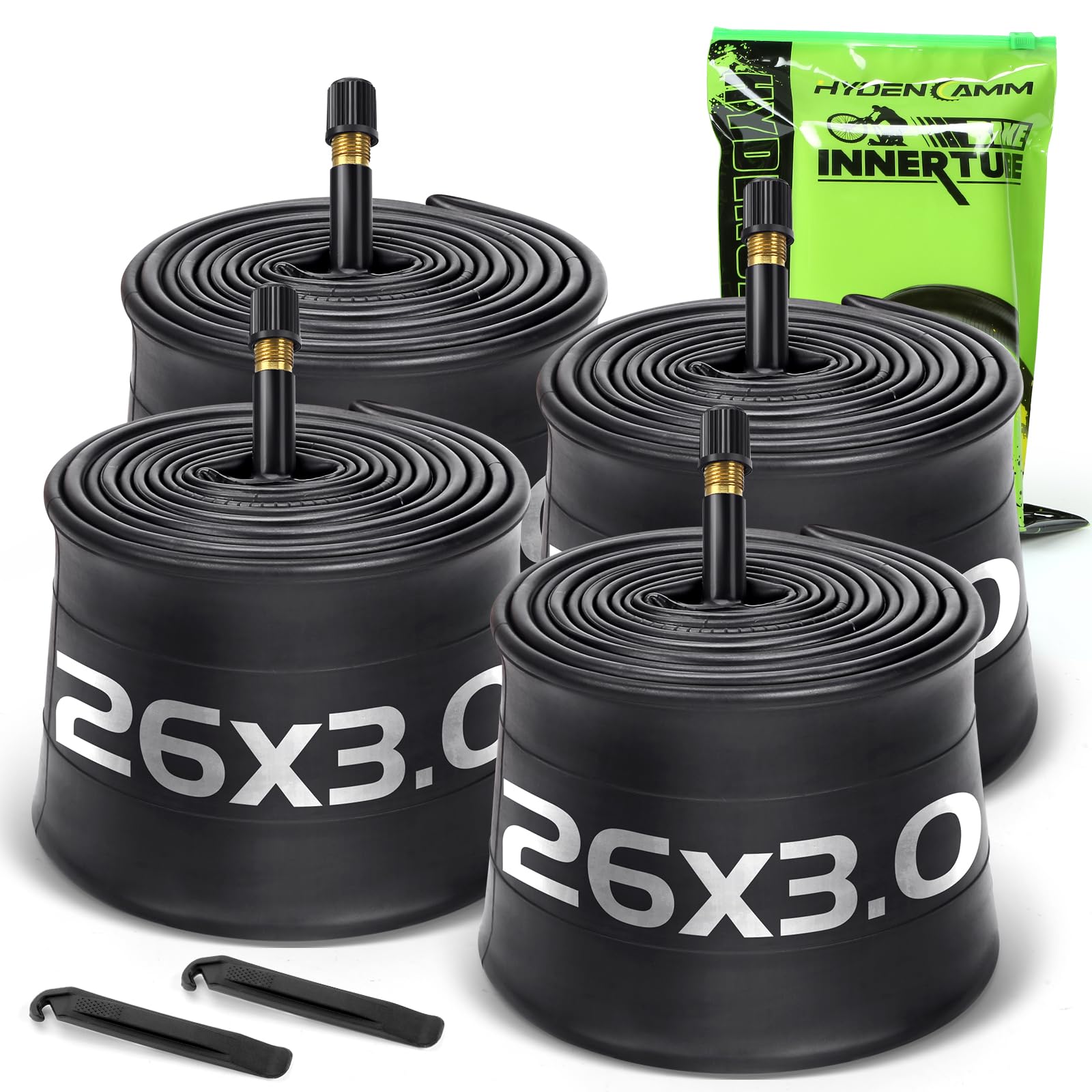 Hydencamm 4 Pack 26×3 Bike Tube, 26 X 3.0/3.50 Bicycle Tube 32mm AV Schrader Valve With 2 Tire Levers, Butyl 26×3 Bike Tire Tube Compatible With 26X30 26 X 3.5 For EBike/Electric/Mountain Bike