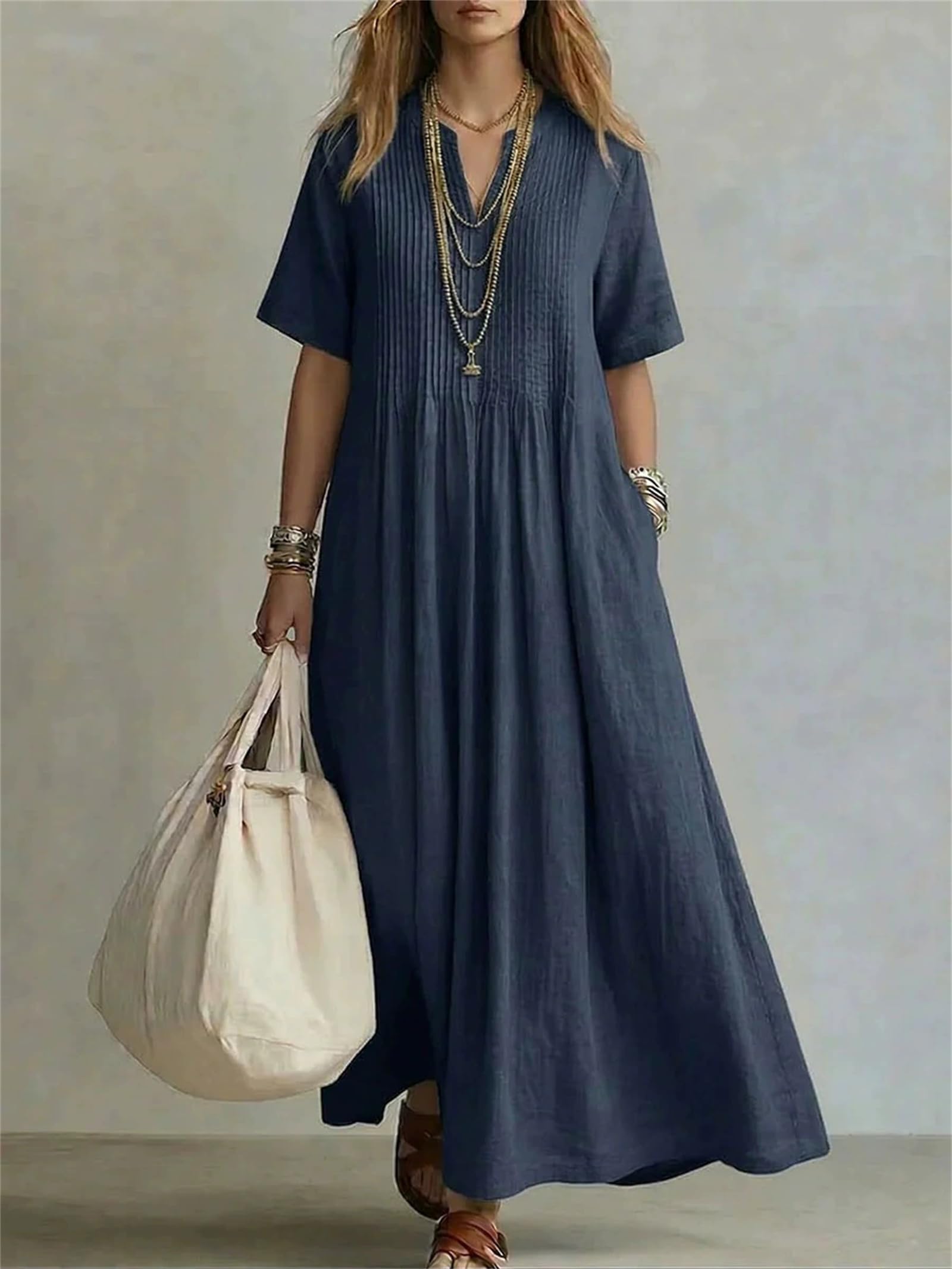 Vestido Largo de algodón Fluido para Mujer, Estilo Casual, Holgado, con Cuello en V, Manga Corta y Pliegues, Ideal para la Playa y Las Vacaciones