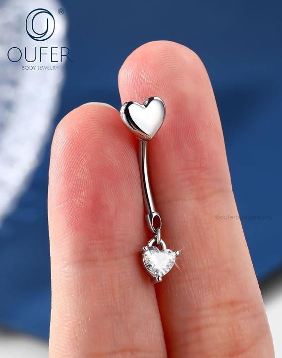 Oufer 14g へそリング、低刺激性 サージカルスチール 女性用ベリーリング、内部スレッドへそピアスジュエリー、ハート/スターダングルへそリング カーブバーベル
