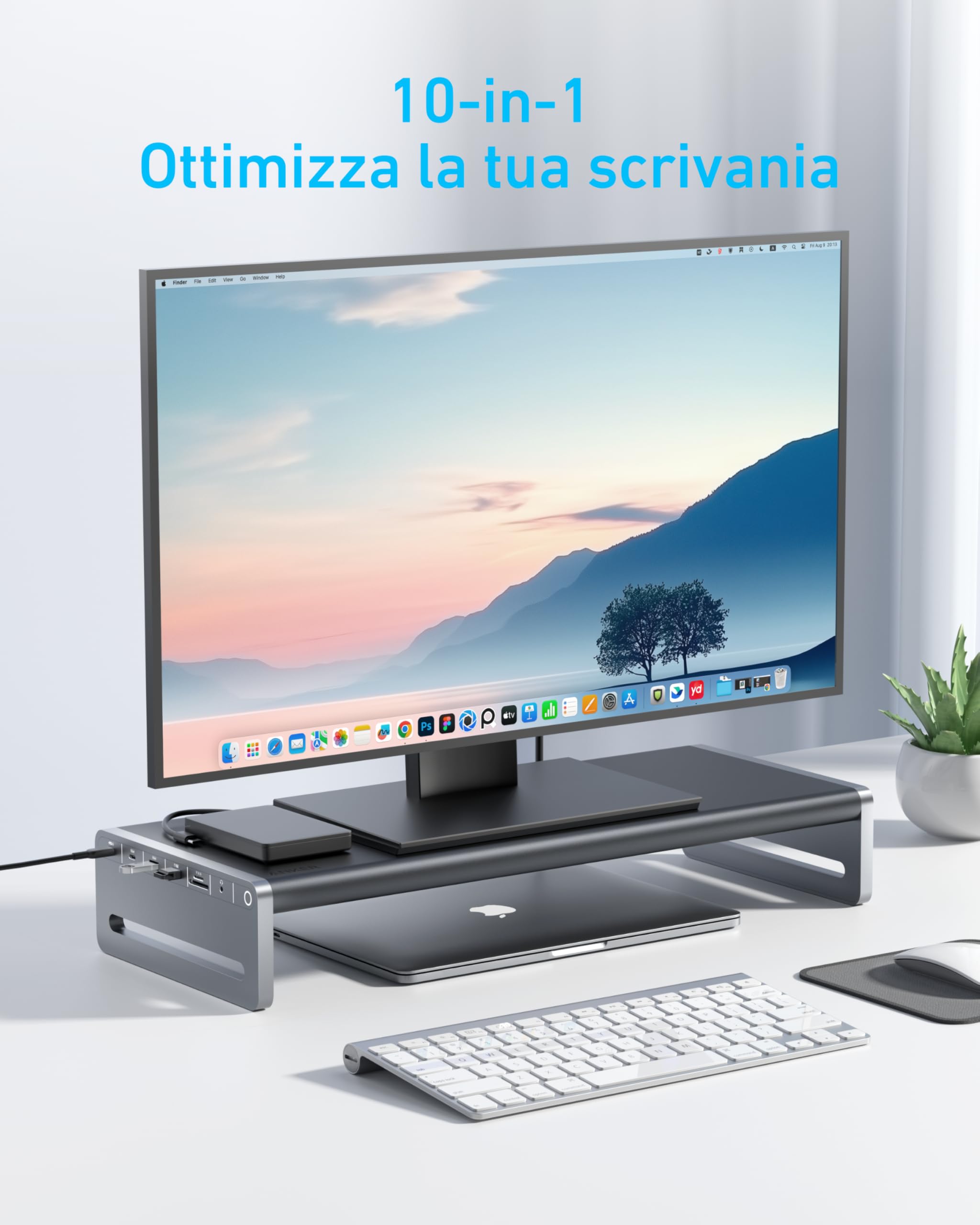 Anker Hub USB C 10 in 1 100W, Supporto Monitor in Alluminio 10 in 1 con 100W PD, Porte 5Gbps, Display HDMI 4K@60Hz, Cavo Integrato da 3,3 ft, Scrivania Ordinata per MacBook, Dell e dispositivi USB C