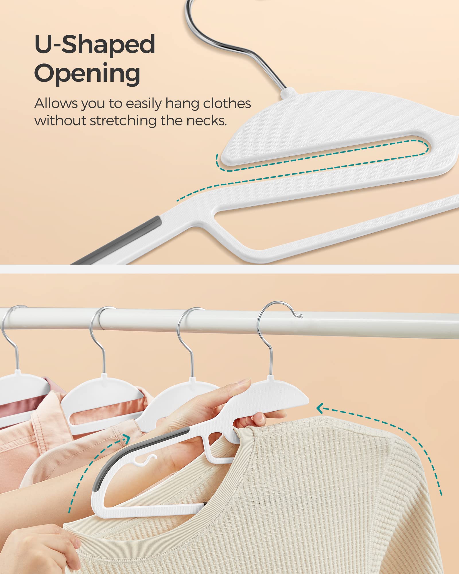 SONGMICS Lot de 50 cintres en Plastique Robuste, Ouverture en Forme de S, Gain de Place, Crochet pivotant à 360°, 41,9 cm de Large, Blanc Nuage et Gris foncé UCRP041WG03