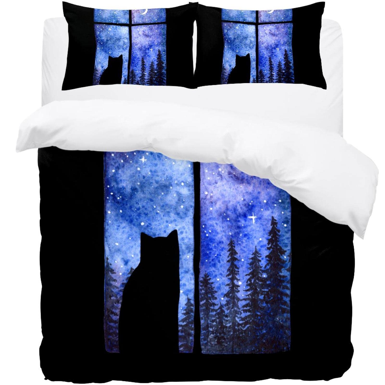 Housse de couette aquarelle chat nocturne et ciel étoilé en 3 pièces