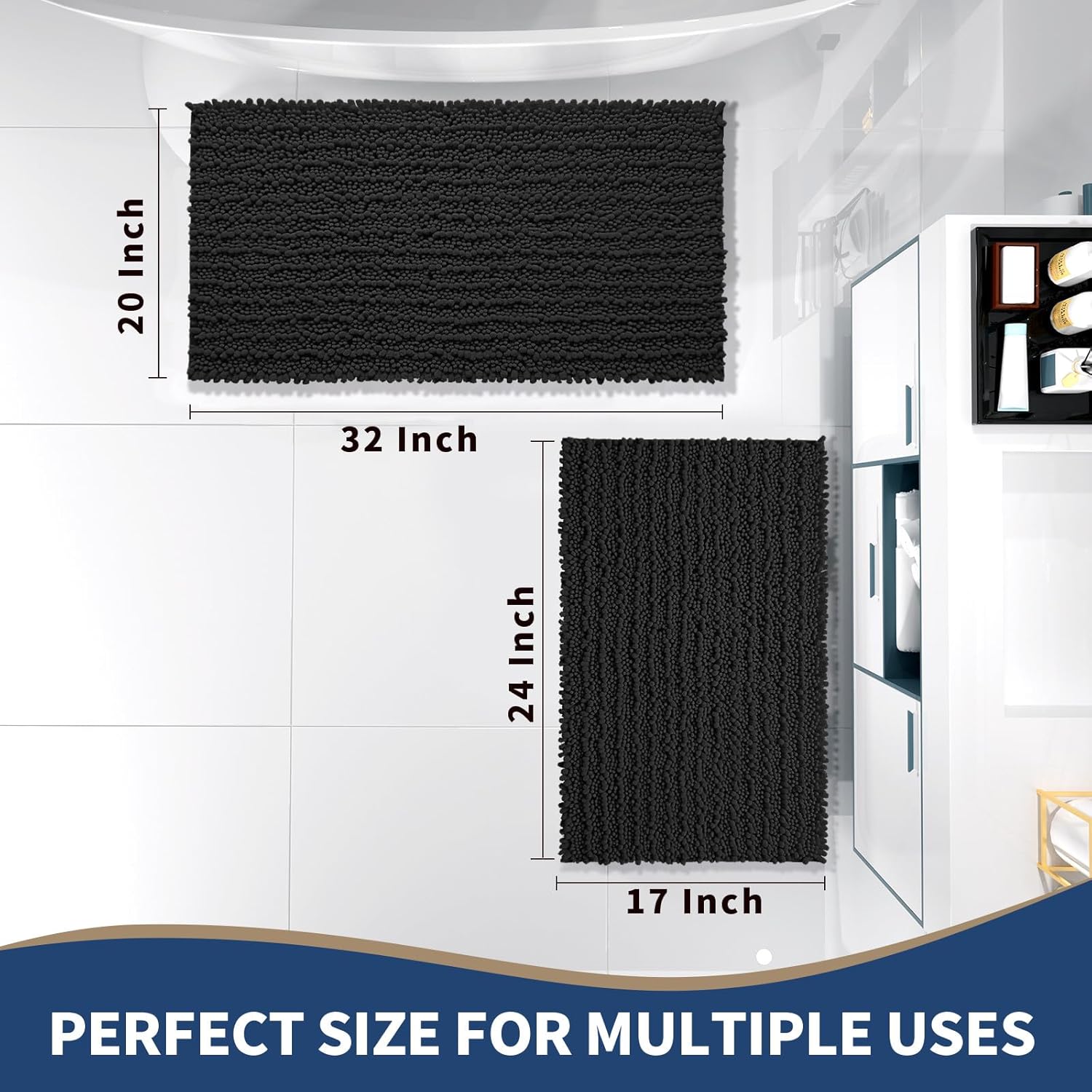 Yimobra Bathroom Rugs Sets 2 Piece - Quick Dry Extra Thick Luxury Chenille Bath Mat, Non Slip Super Absorbent for Tub Shower Sink, Machine Washable Shaggy Floor Mat, 32"x20"+24"x17" Inch, Black