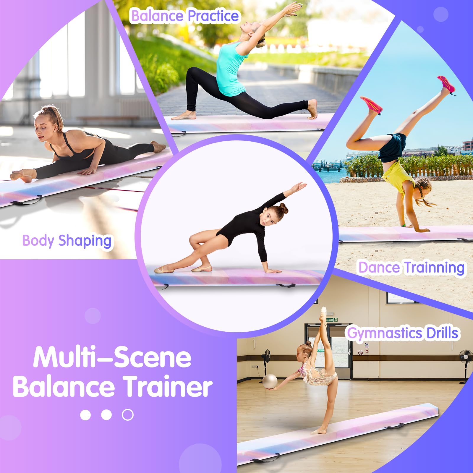 Trave d'Equilibrio Ginnastica con Superficie in Ecopelle Eva+EPE in 3 Misure (240cm/270cm/300cm) Pieghevole per Bambini & Adulti + Borsa Trasporto