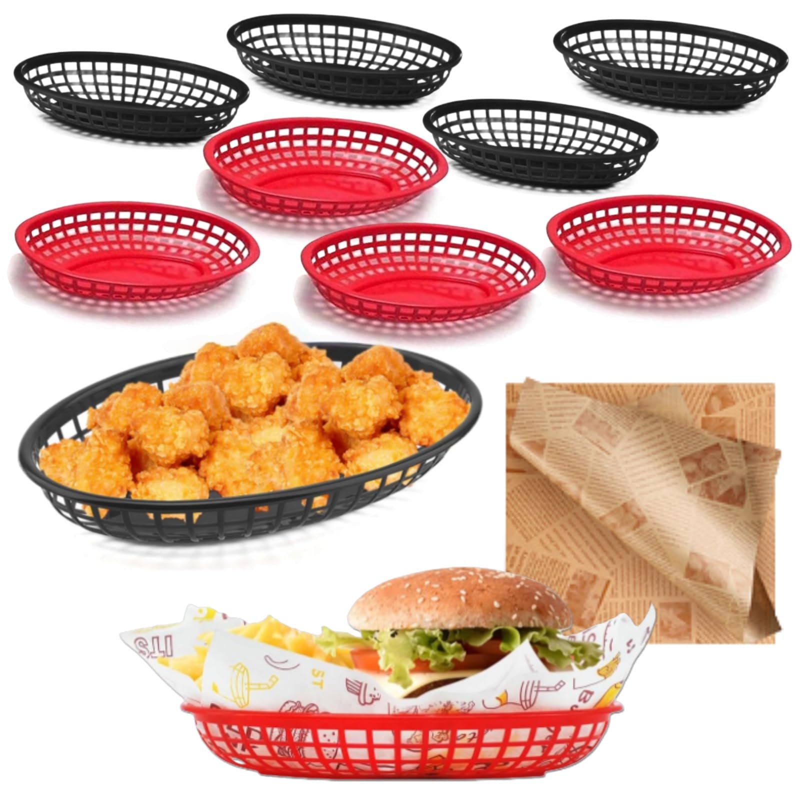 10 Pack Fast Food Baskets suit, 24 x 15.5 x 4.5cm Oval Fast Food Baskets, 50 Sheets Food Grade Wrap Paper, for Hotdogs, Burgers, Fries, Sweets, Crisps, Snacks, Barbecues, Picnics, Parties