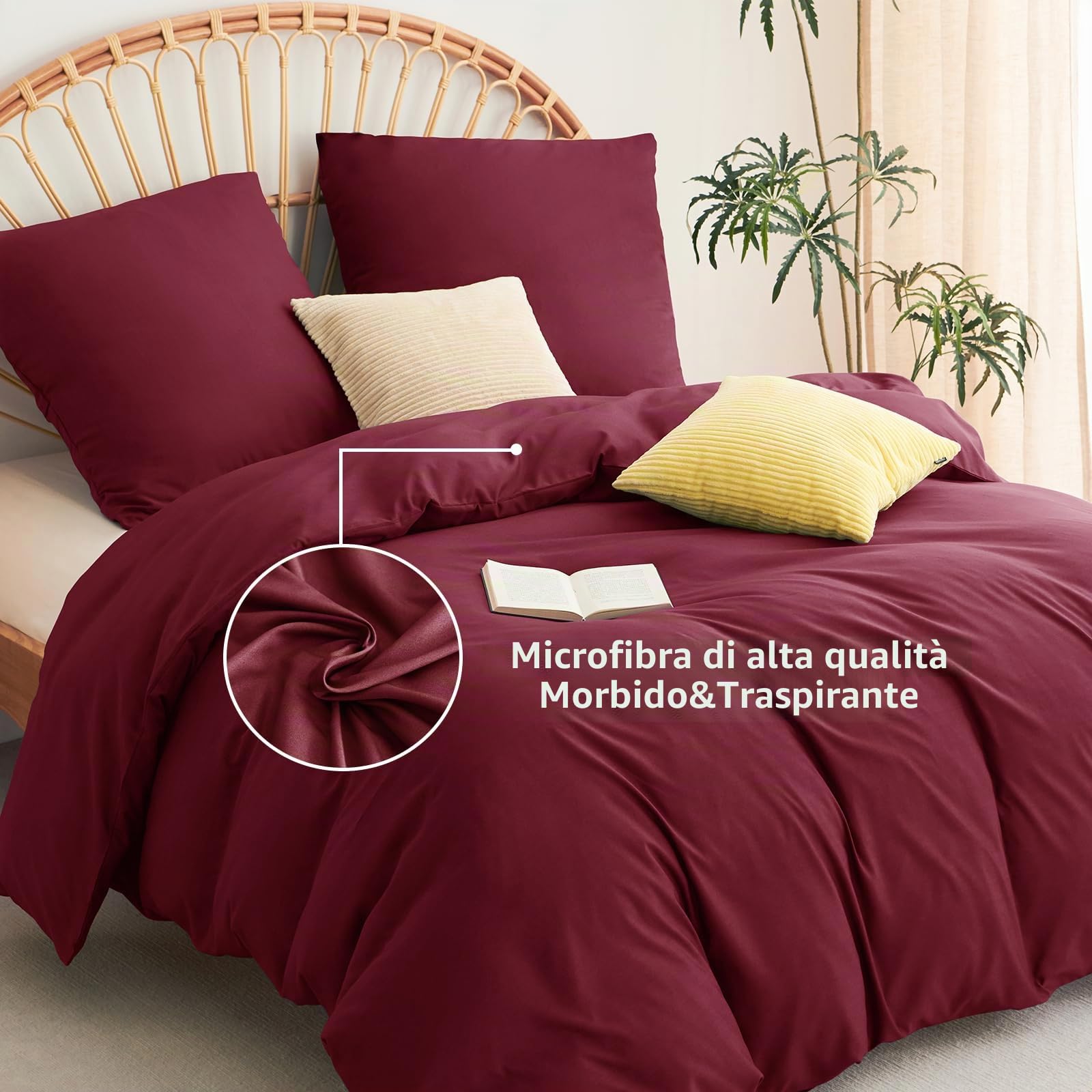 WAVVE Set Biancheria da Letto 155 x 220 cm, 3 Pezzi, Rosso Vinaccia - Copripiumino e 2 Federe 80 x 80 cm in Microfibra Con Chiusura Lampo