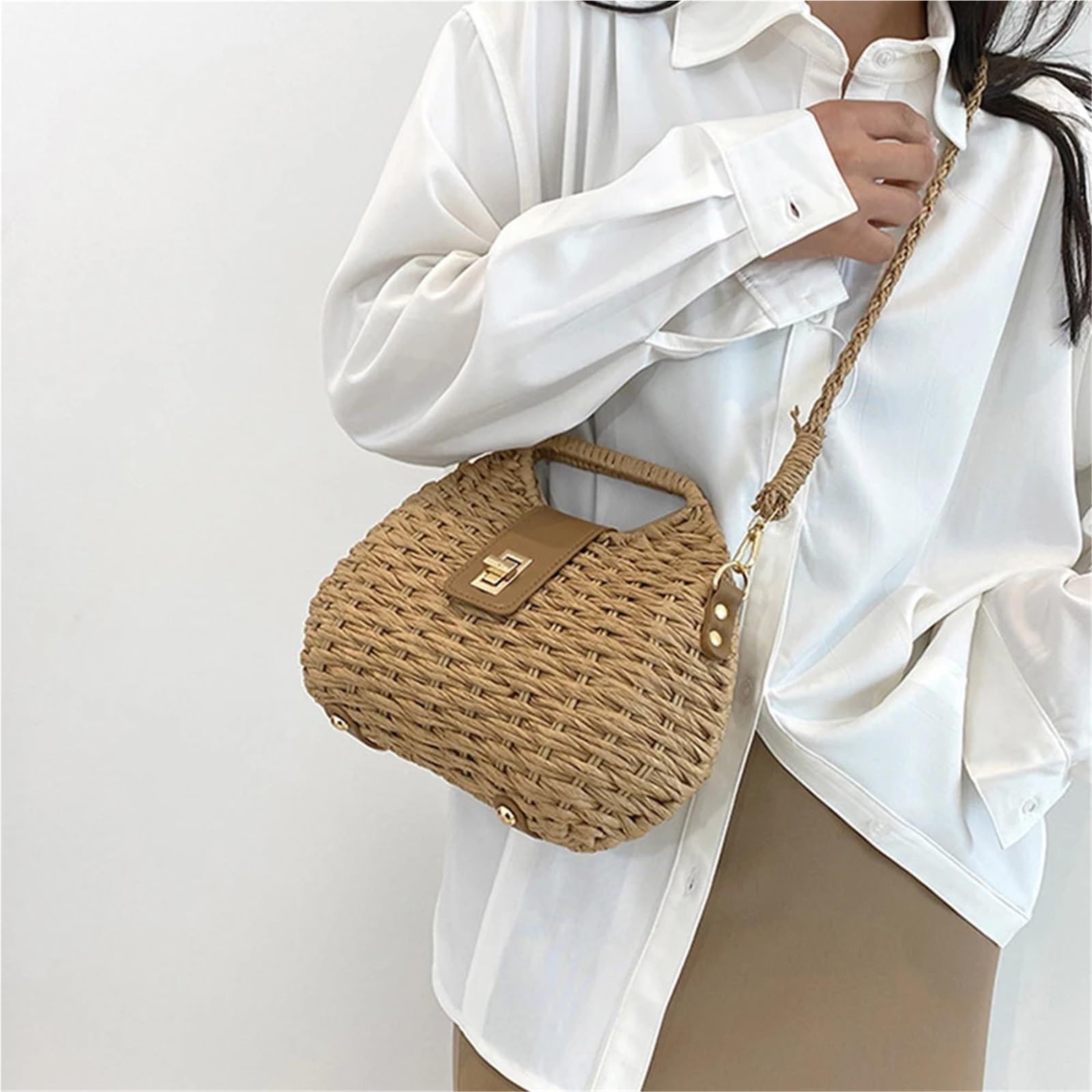 bolso paja Bolso de paja mimbre tejido a la moda for mujer, bolsos viaje verano, playa, Bali, hombro tipo bandolera