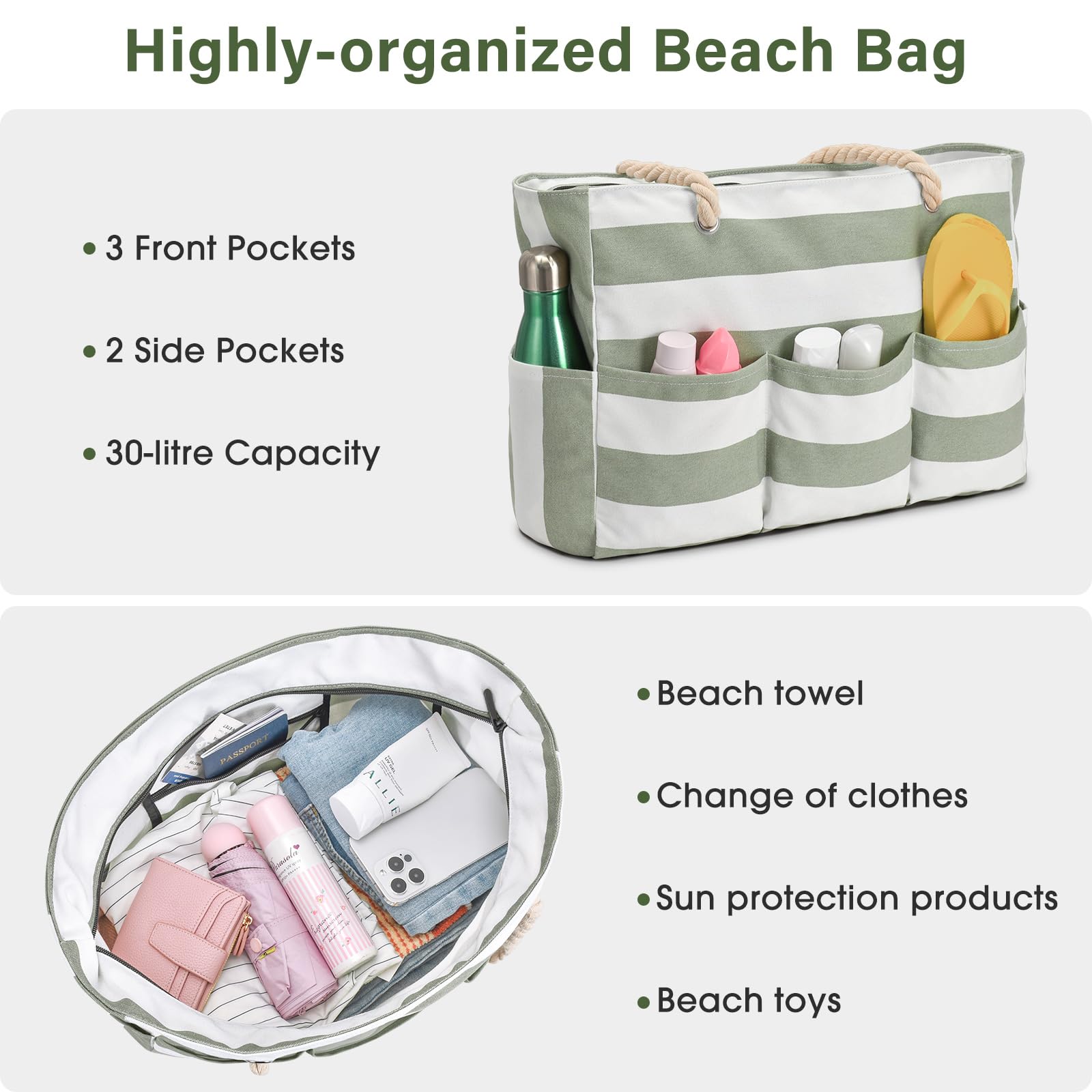 oscaurt Strandtasche Wasserdicht Badetasche XXL Shopper Tasche Damen Vielseitige Umhängetasche mit Reißverschluss Beach Tote Bag Faltbare Reisetasche mit Mehreren Fächern