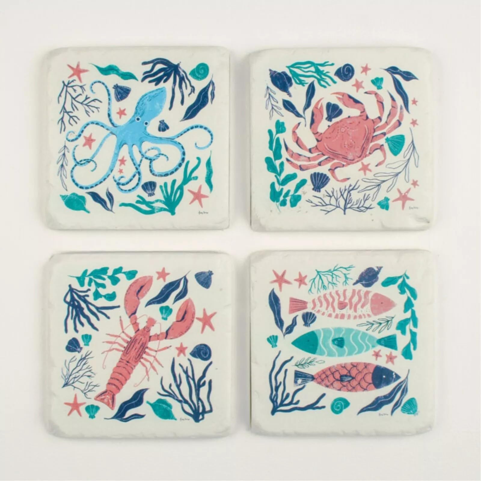 Ceramic Coasters Set of 4 Sea Creatures Cork Backed Square Coasters Table Mats Home Table Decorative
