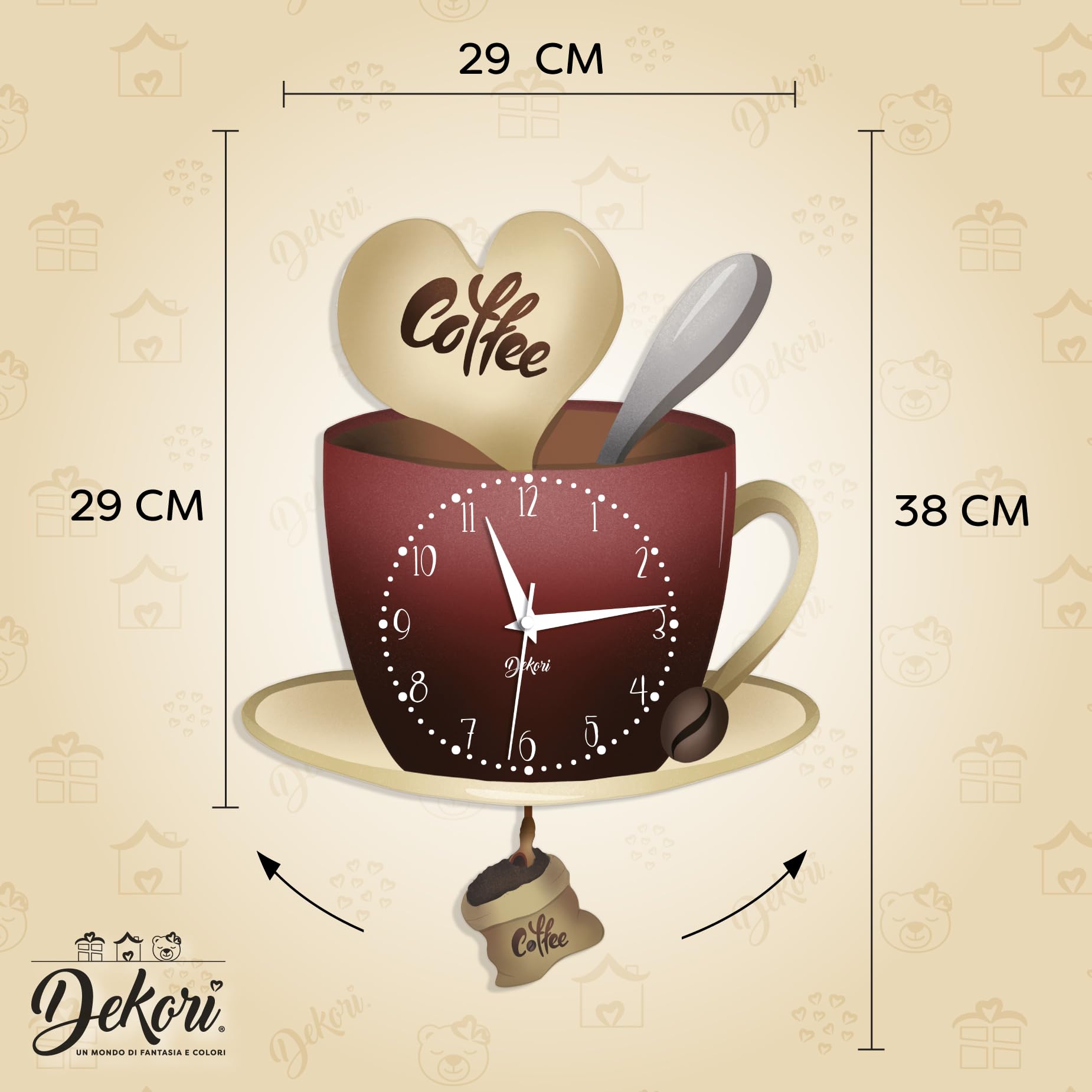 DEKORI Horloge Cuisine Tasse à Café avec Pendule – Horloge Murale Silencieuse Design Italien en Bois – Décoration Cuisine Moderne