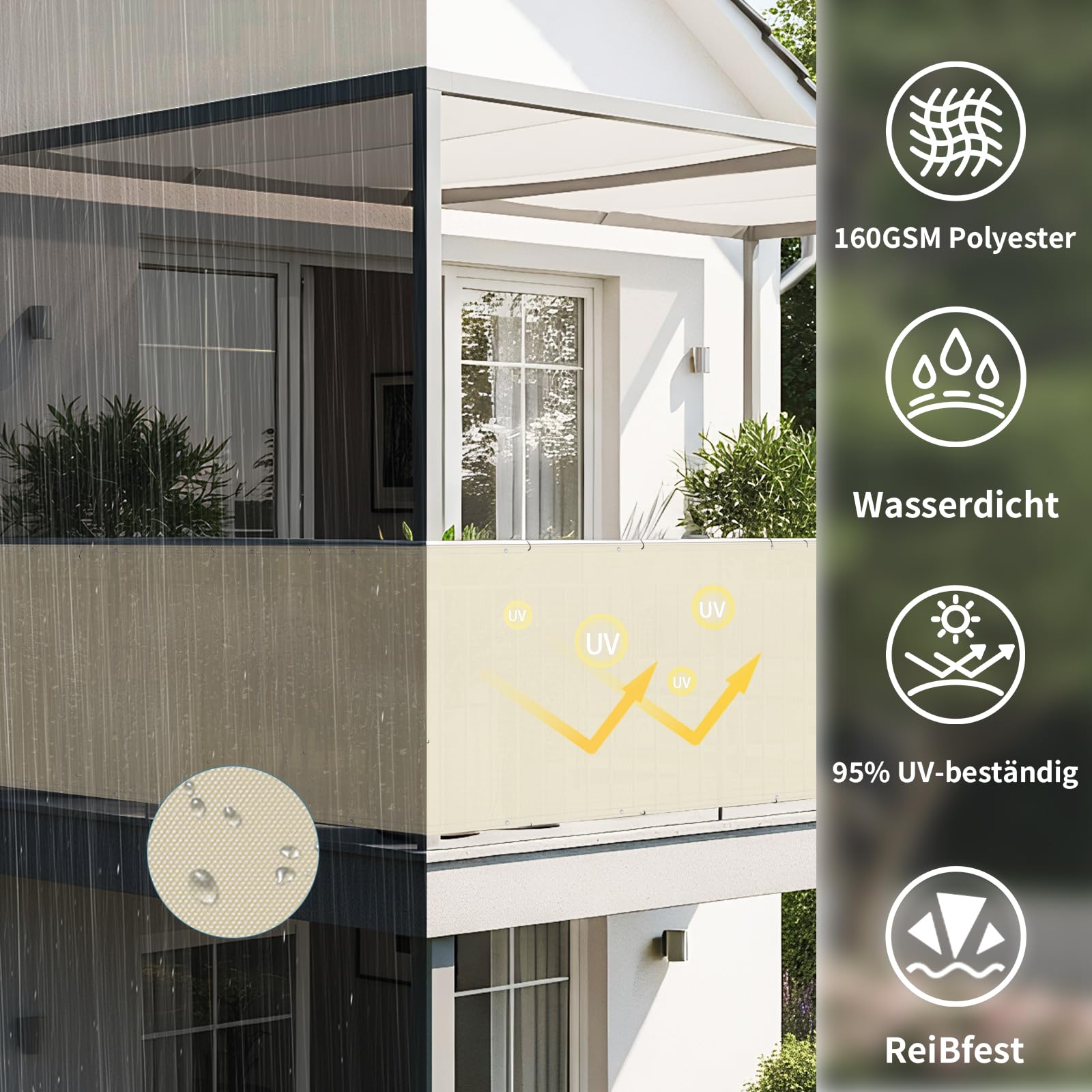 Shade&Beyond Brise Vue Balcon 100x500cm Imperméable, Protection UV, Résistant au Vent, avec Trous et Serre-Câbles pour Terrasse Extérieure,Blanc cassé