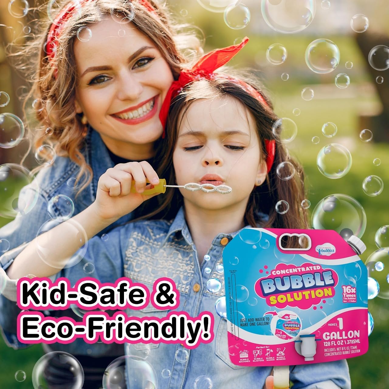 Bubble Solution Refill with Dispenser, Concentrated Bubble Liquid Makes 1 Gallon (128oz), Safe and No-Stain Formula for Kids, Easy-Pour Bubbles Refill for Machines, Blasters, and Guns