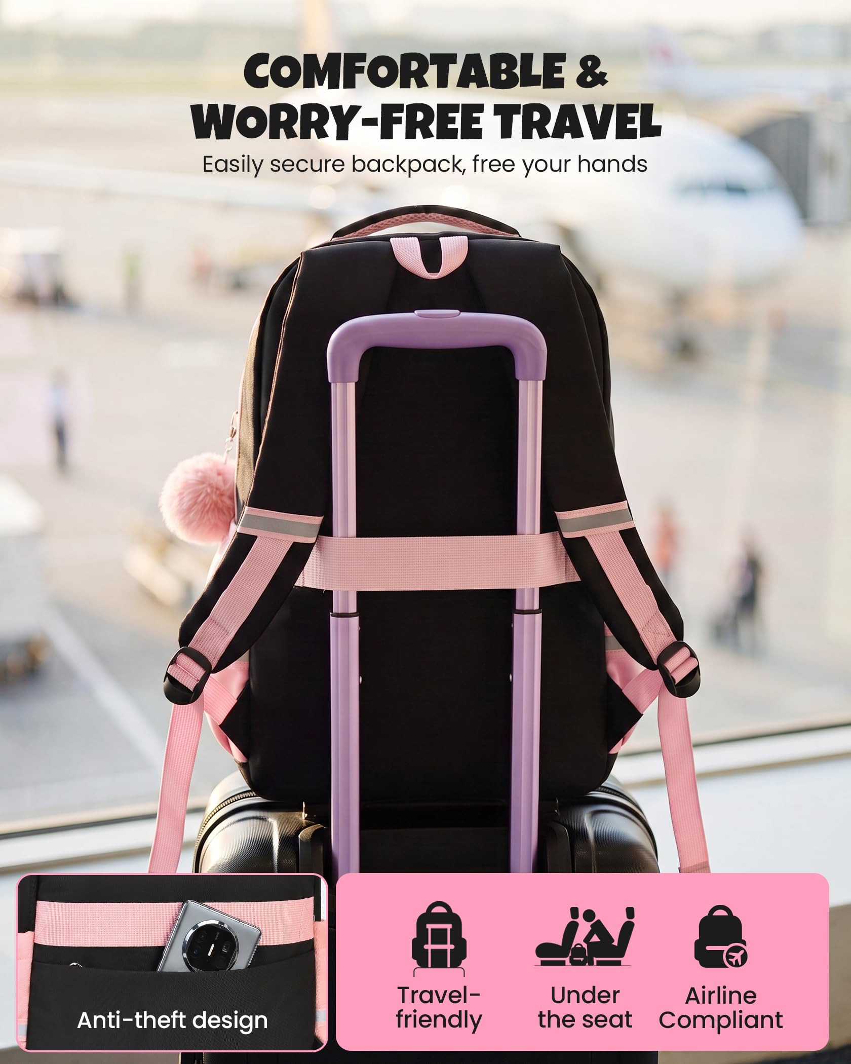 Amythe 3-teilige Schulrucksack Set Mädchen 3.-7. Klasse, 24L Schwarz-Rosa