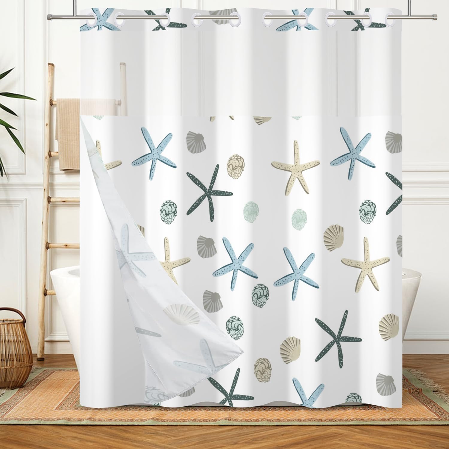 Nautical Beach No Hook Shower Curtain with Snap in Liner Coastal Starfish Seashell Shower Curtain and Liner Set Ocean Theme Fabric Washable Hotel Bathroom Curtains 71x74 Inch