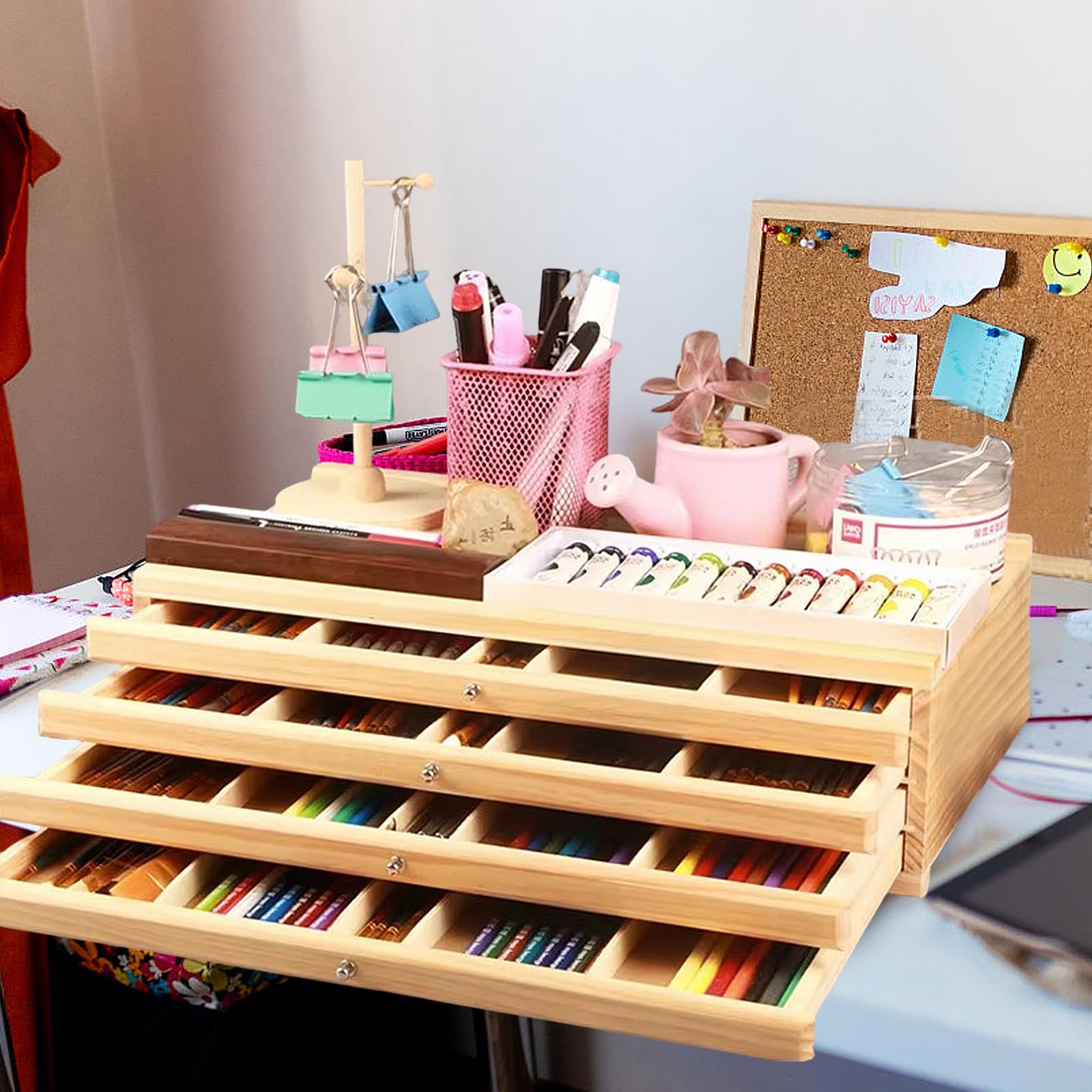 Boîte de rangement en bois de hêtre de haute qualité pour ustensiles d'art avec séparateurs amovibles