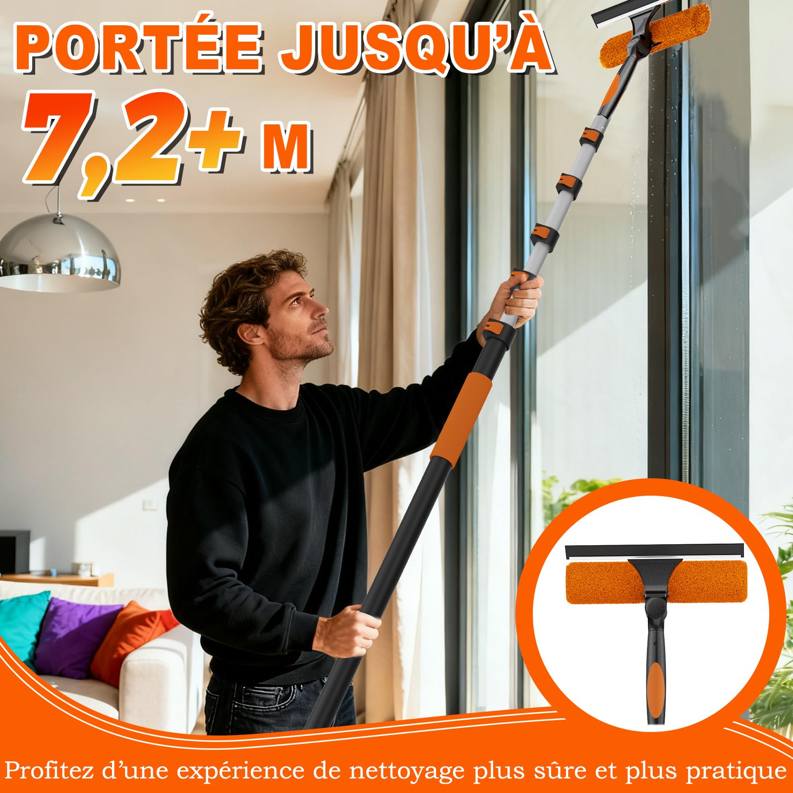 SISUPASSIE Raclette Vitre Télescopique 7,2m, 2-en-1 Kit Nettoyage Vitre avec Manche Télescopique, Raclette Vitre Professionnel pour Fenêtres en Hauteur, Nettoyage Domestique