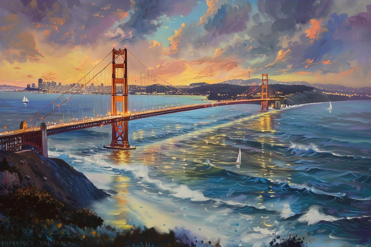 トーマス・キンケード風のオリジナルビーチ油絵 30 点 海洋、波の壁アート海景、ゴールデンゲートブリッジサンフランシスコの風景、大学教師によるキャンバスの手作りキンケードアート 4