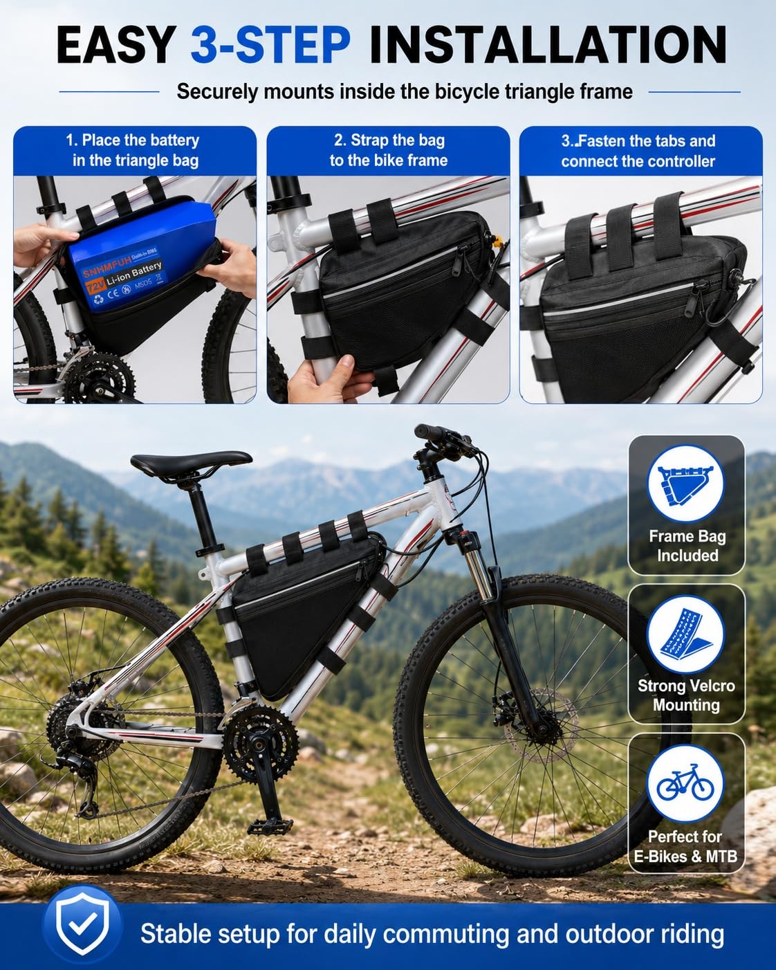 Batteria al Litio Triangolare 72V per E-Bike, 20Ah/25Ah/30Ah con Caricatore 5A e Borsa Telaio, per MTB, Bici da Strada e Conversione DIY