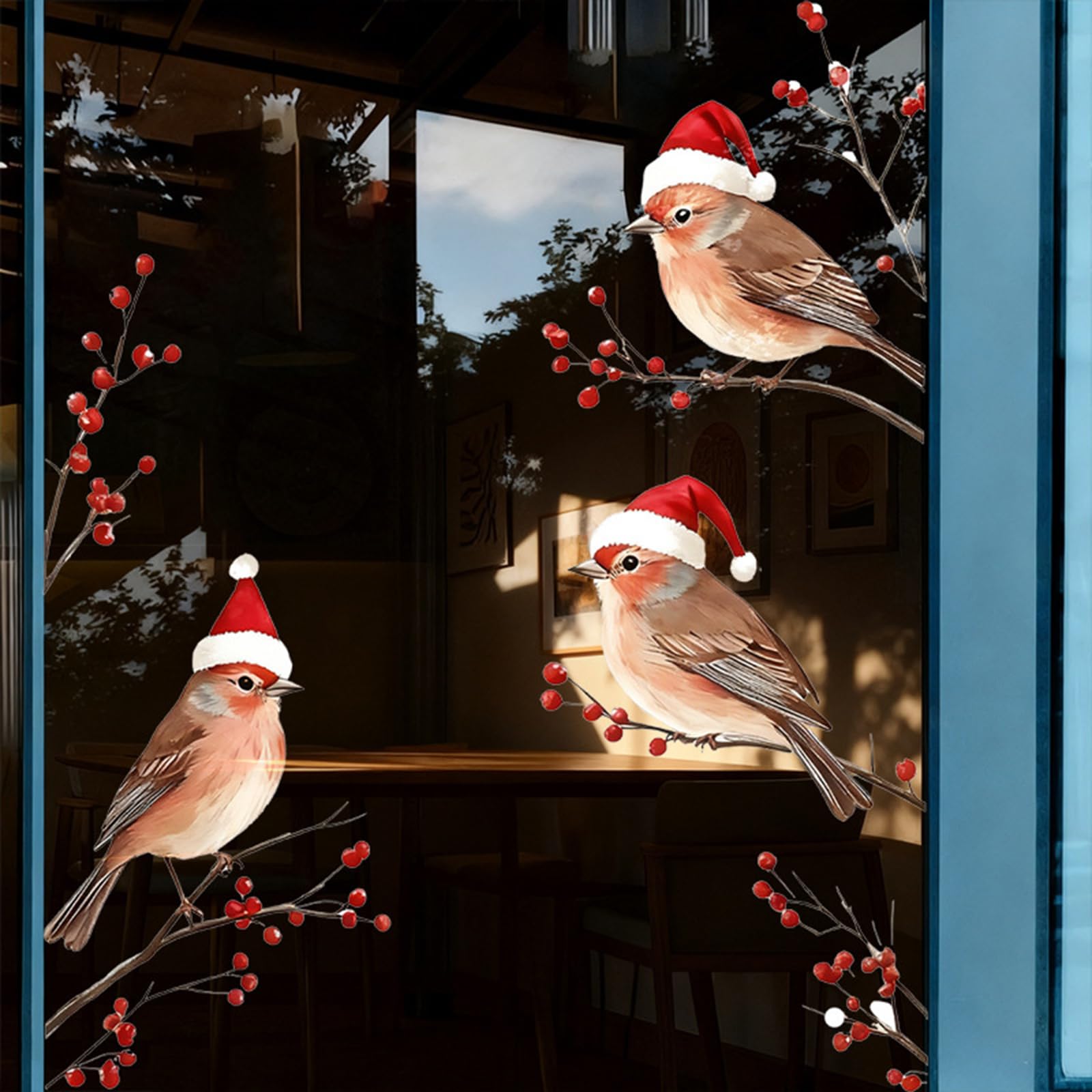 Christmas Bird Window Cling Stickers Cute Xmas Robin Birds with Plum Blossoms Designs Window Sticker Removable Adhesive Santa Bird Windows Decals for Glass Winter Holiday Decor Party Supplies