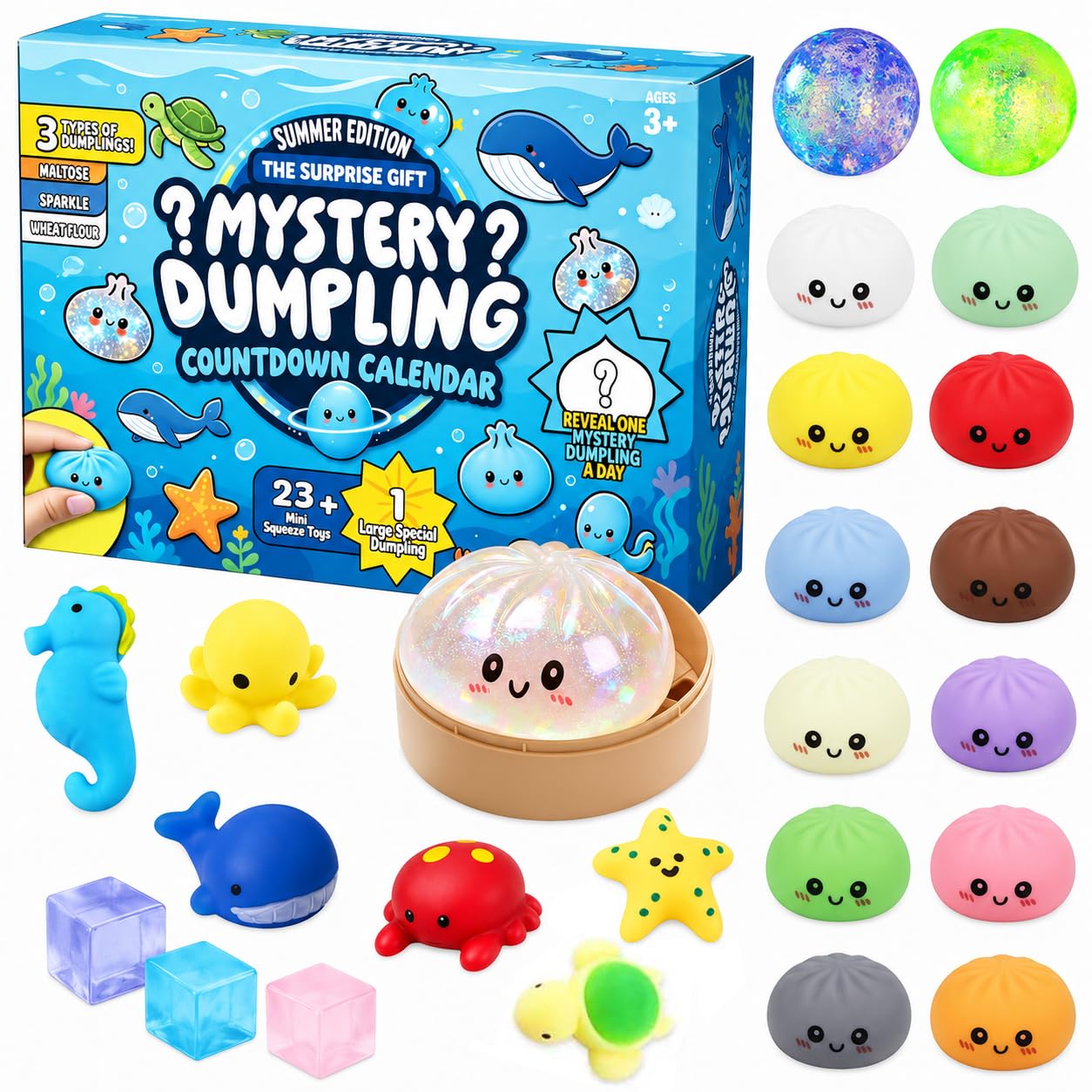 24 Pcs Dumpling Squishy Toy, 2026 Mystery Dumpling Squishy Box, Surprise Squishy Fidget Toys with Mini Dumplings, Stress Ball and Ice Cube, Bao Bun Squishies for Anxiety Relief