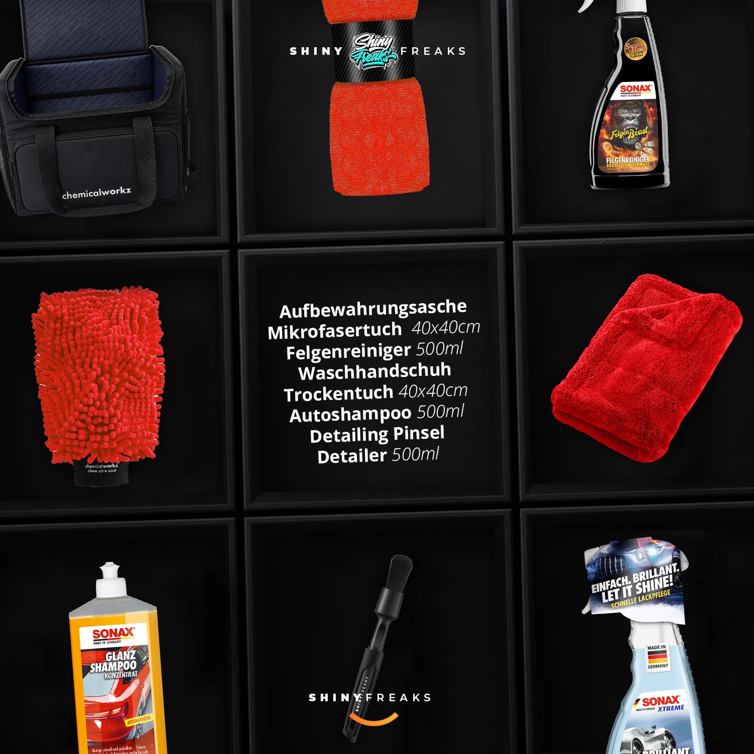 Autopflege Set 8‑teilig: SONAX GlanzShampoo, FelgenBeast & BrilliantShine Detailer + chemicalworkz Detailing Bag Aufbewahrungtasche + Zubehör -  Auto Waschset für Außenpflege