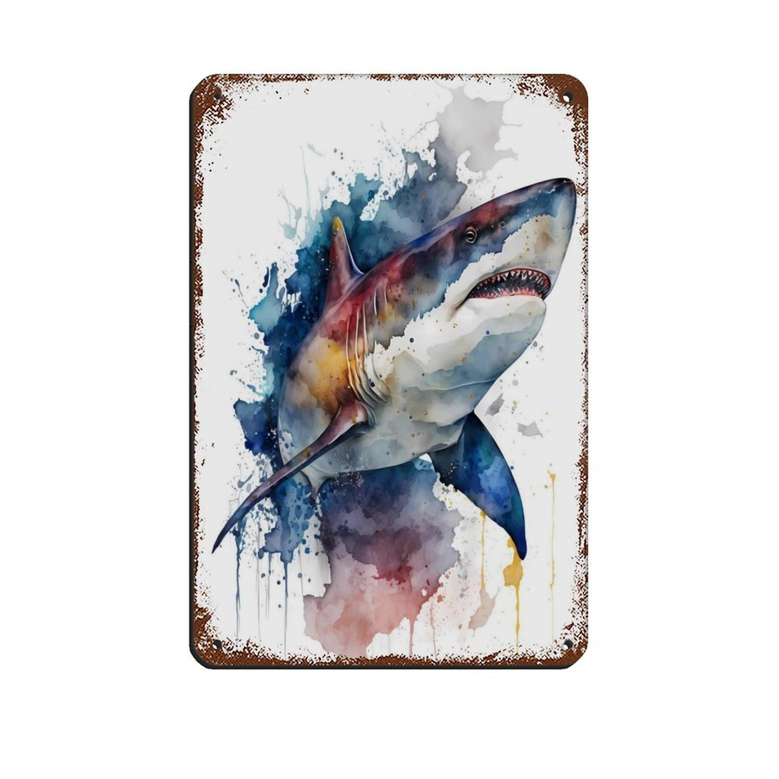 Lxwnze 20L X 30W Cm Watercolor Shark, Art Poster Retro Poster Metal Tin Sign Chic Art Retro Iron Painting Bar People Cave Cafe Family Garage Poster Wall Decoration 8X12inch(20X30cm)