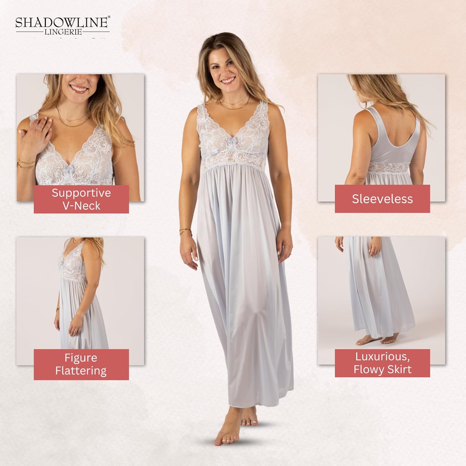 SHADOWLINE Women's Long Flowy Figure Flattering Nightgown– Silky Floral Stretch Lace Sleeveless Elegant Lingerie Sleepwear