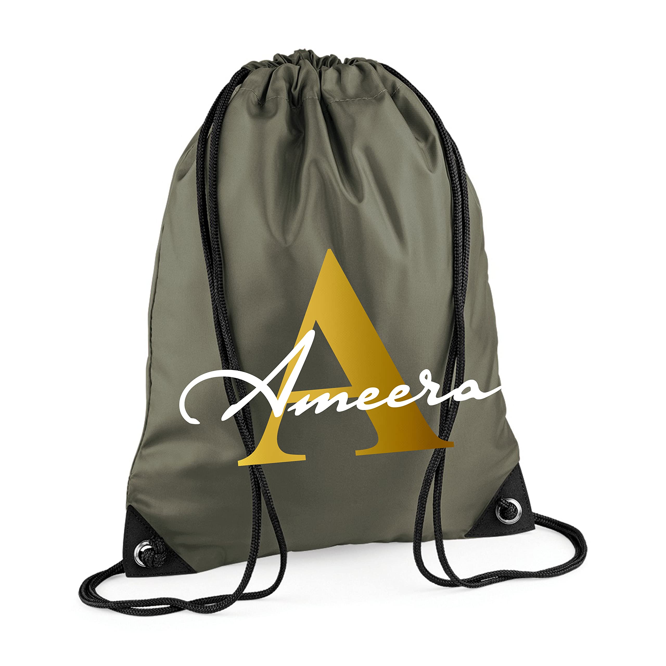 Personalised Initial Name Drawstring Bag, PE Kit School Sport Gym Swimming Kids Backpack Boys Girls Bag (Olive)