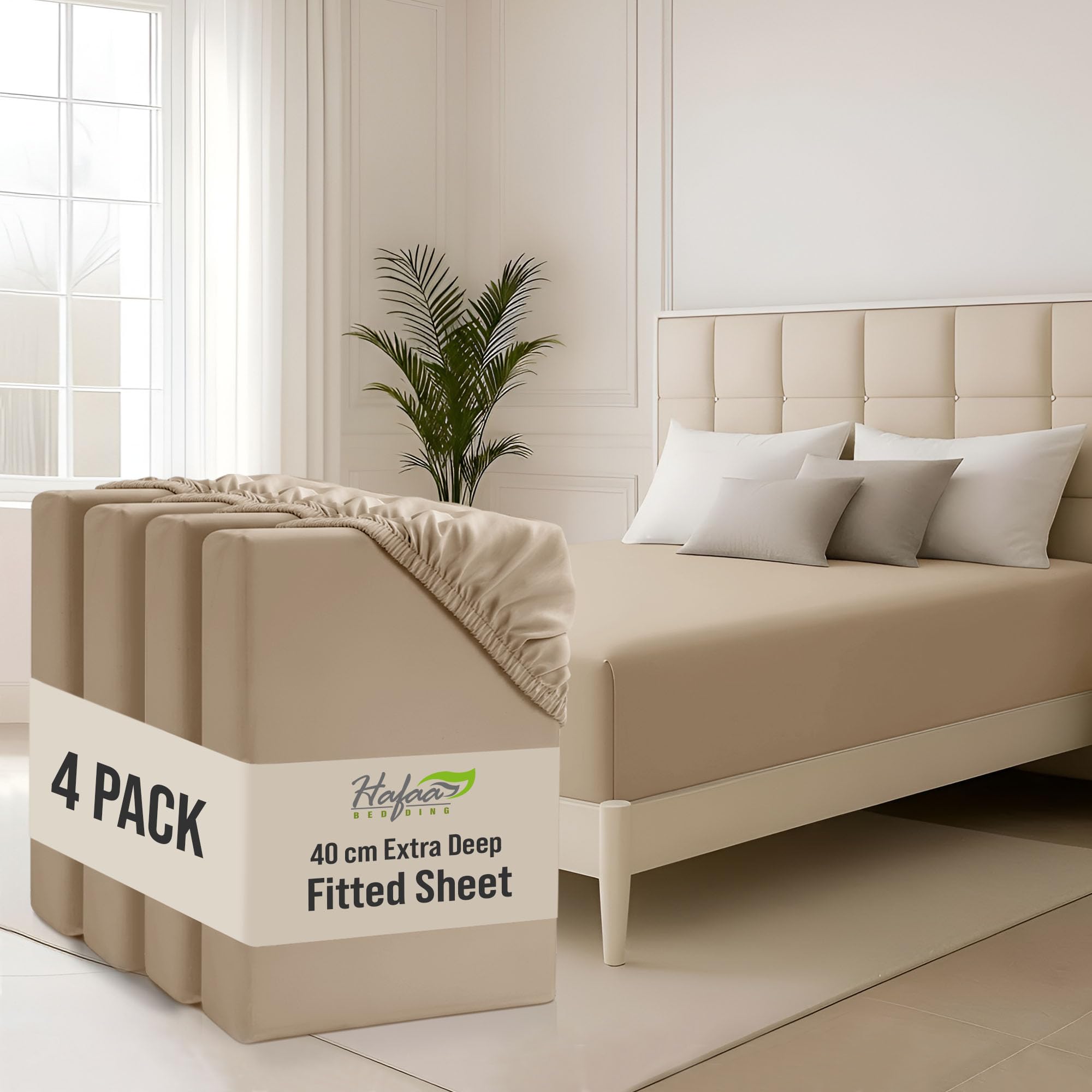 Hafaa King Size Fitted Sheets 4 Pack 40Cm Deep Pocket 16 Inch Beige Bed Sheets Hotel Quality Soft Brushed Microfiber Fabric Breathable Shrinkage Fade Resistant Bedsheets