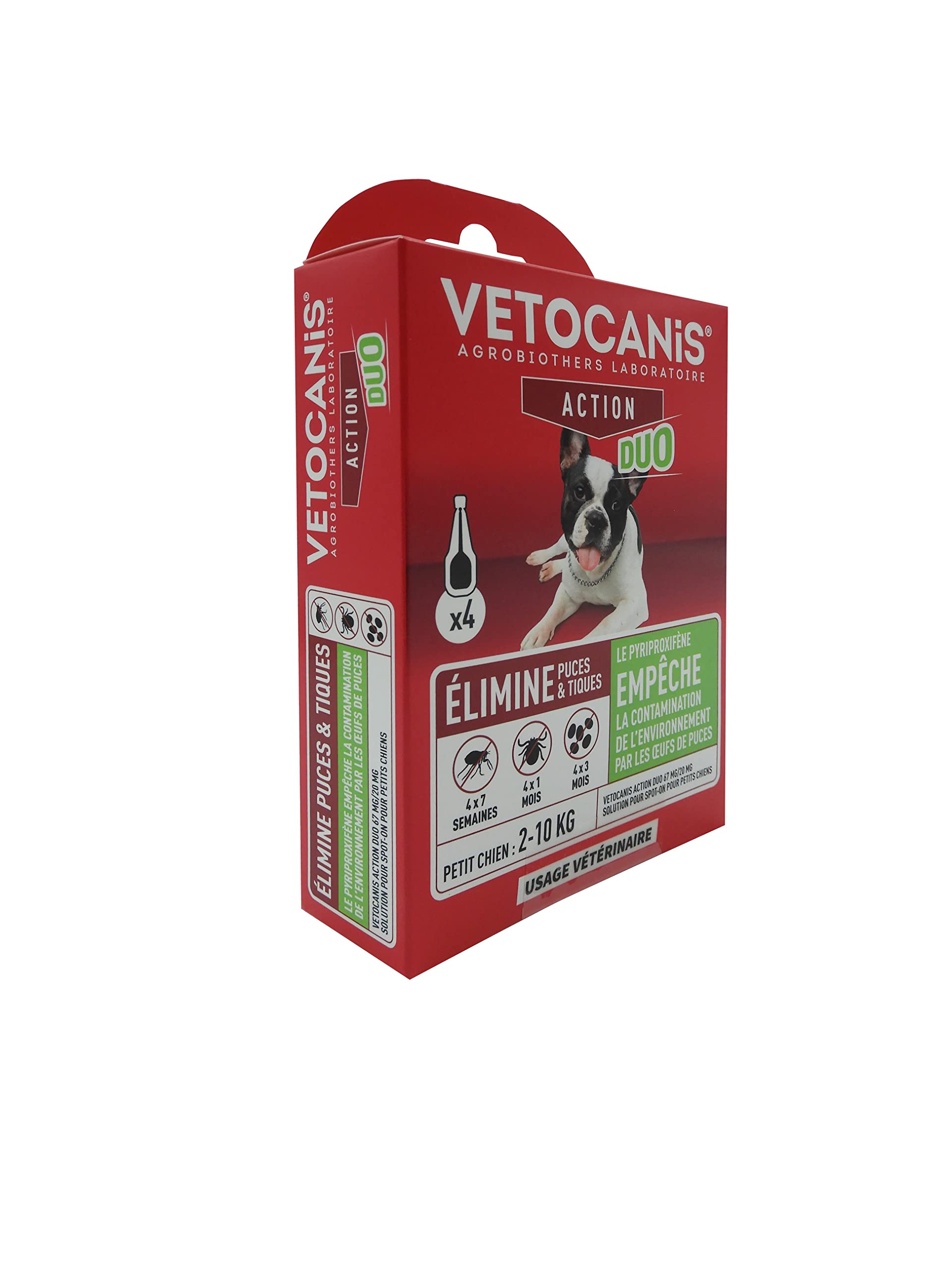 VETOCANIS - Action Duo Pipette Anti-Puces Anti-Tiques Chien Traitement et Protection Antiparasitaire Petit 2-10 kg Habitat Pack de 4 pipettes