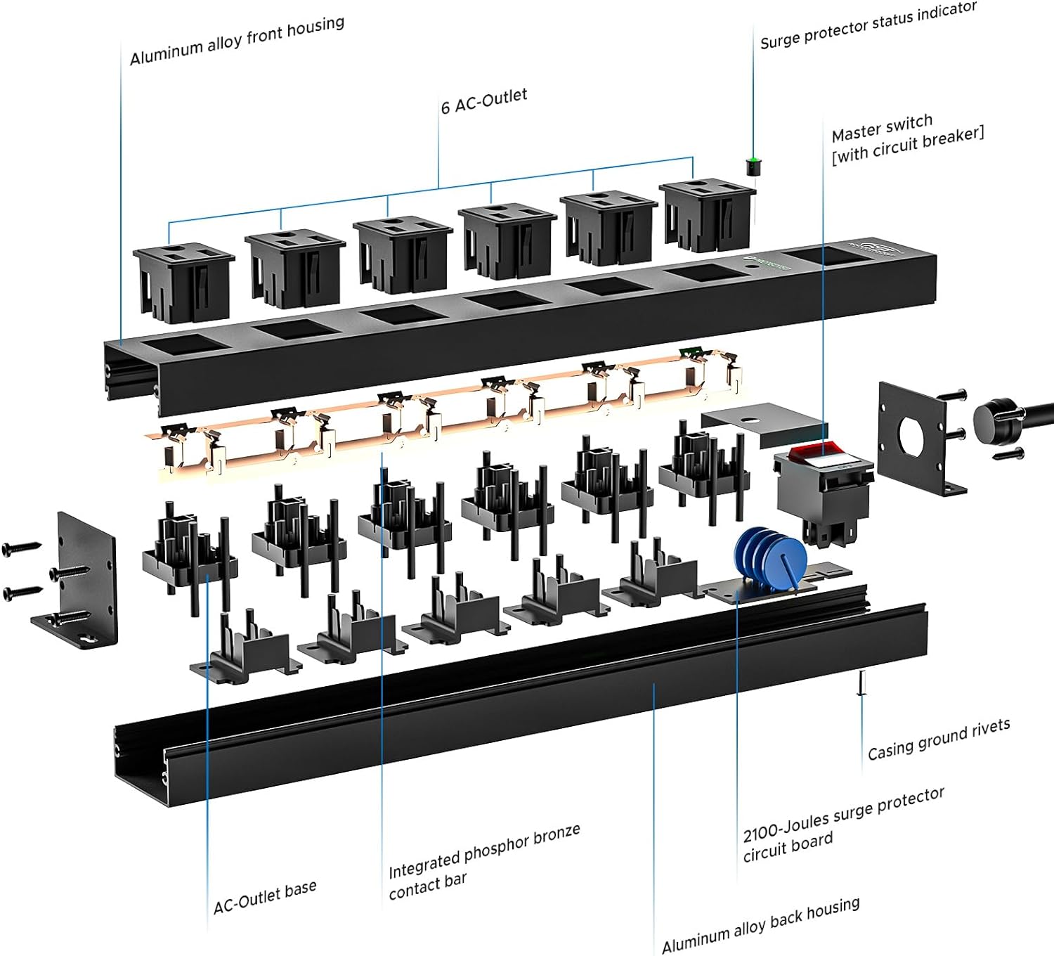 CRST 2Pack 6 Outlet Heavy Duty Power Strip with Switch, 15A/1875W Metal Mountable Power Strip Surge Protector 2100Joules, Wide Spaced Power Bar for Garage Worshop Home School, 6 FT Cord(Black) 6
