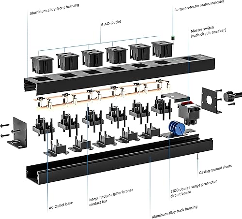 Miniatura 6 de CRST Regleta de alimentación resistente de 6 salidas con interruptor, regleta de alimentación de metal de 15 A1875 W, protector de sobretensiones de