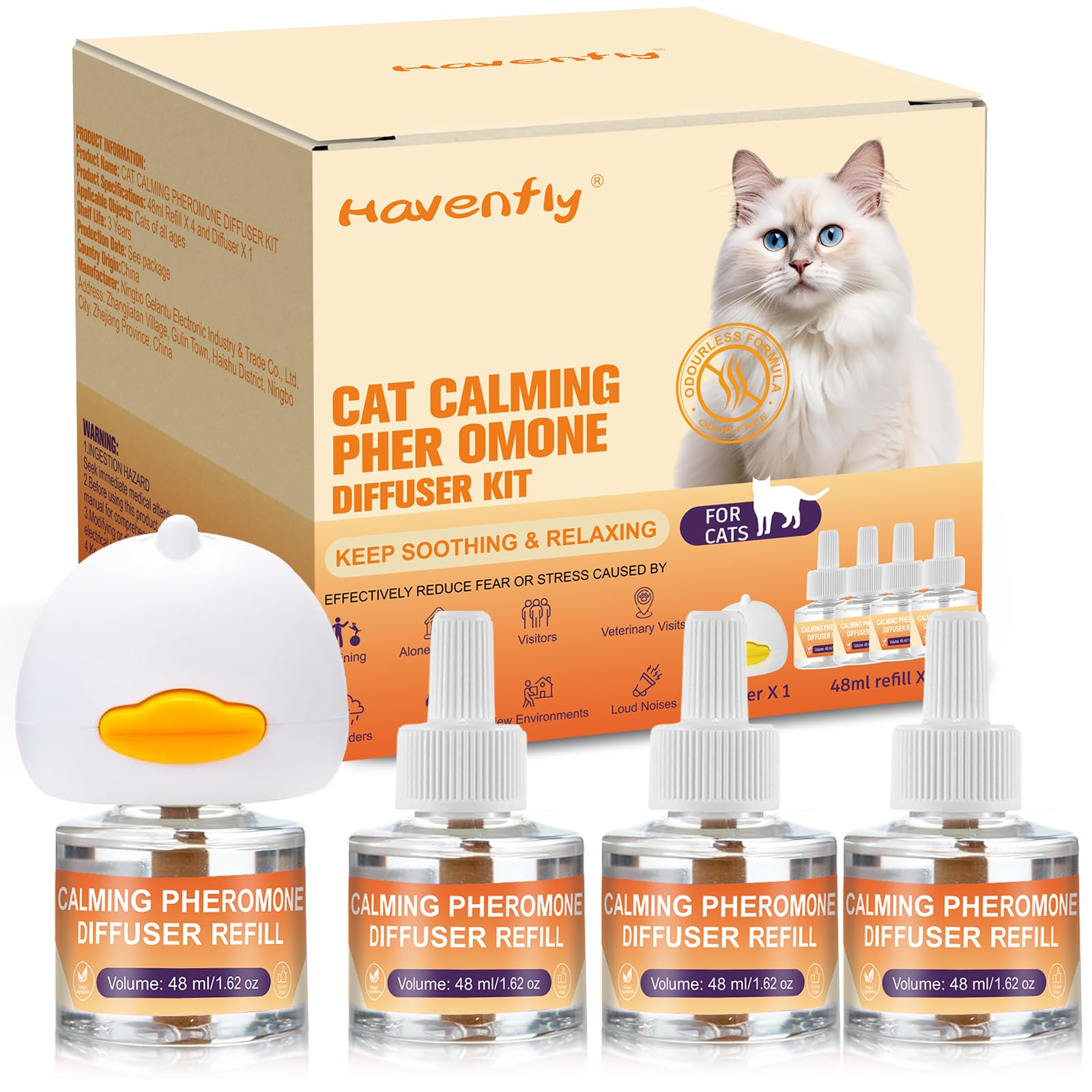 Ensemble diffuseur de phéromones apaisantes pour chat – 4 recharges de 48 ml + 1 diffuseur | Solution anti-stress pour chats | Soulage l'anxiété et favorise le calme (jaune, S)