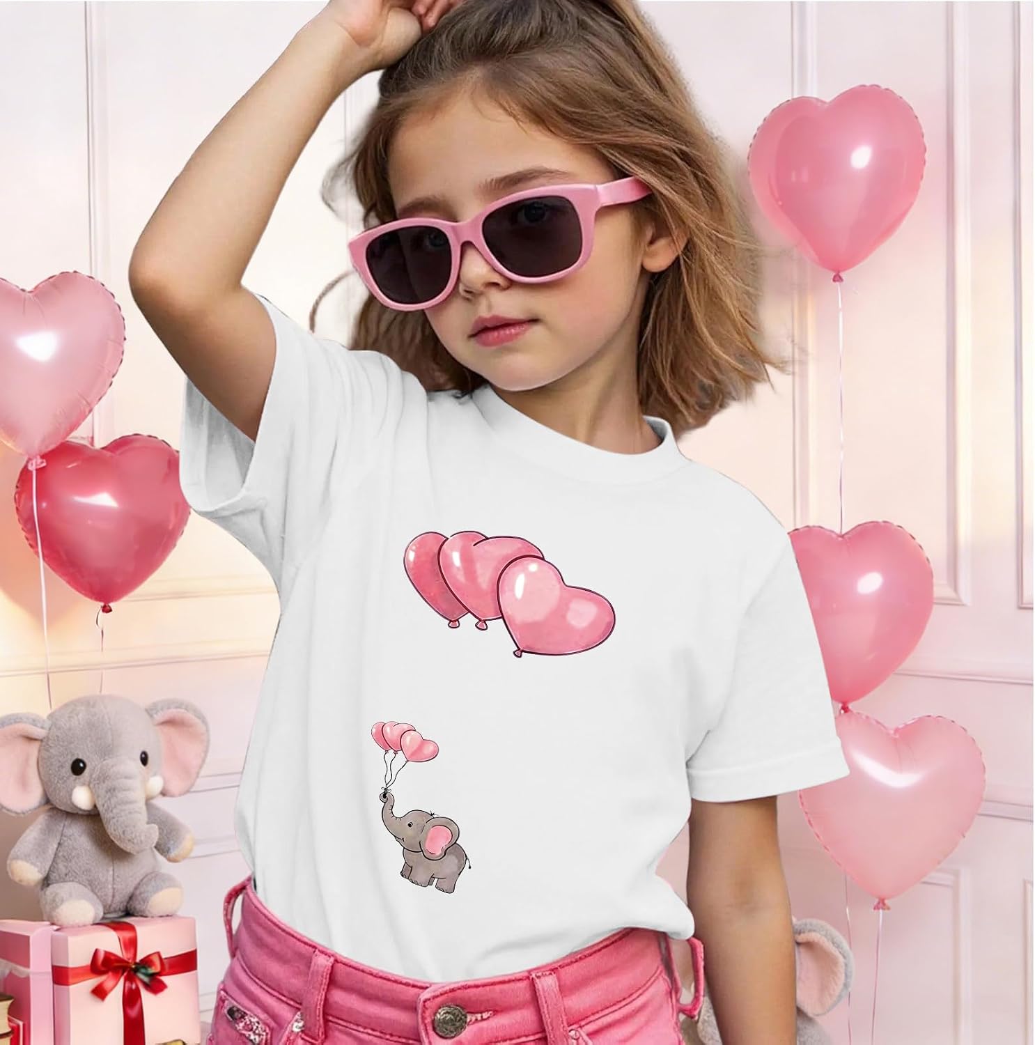 Cute Shirts for Girls Kids Graphic Tees Kawaii Cartoon Elephant Balloon Shirt Summer Cotton Short Sleeve Tops image 2
