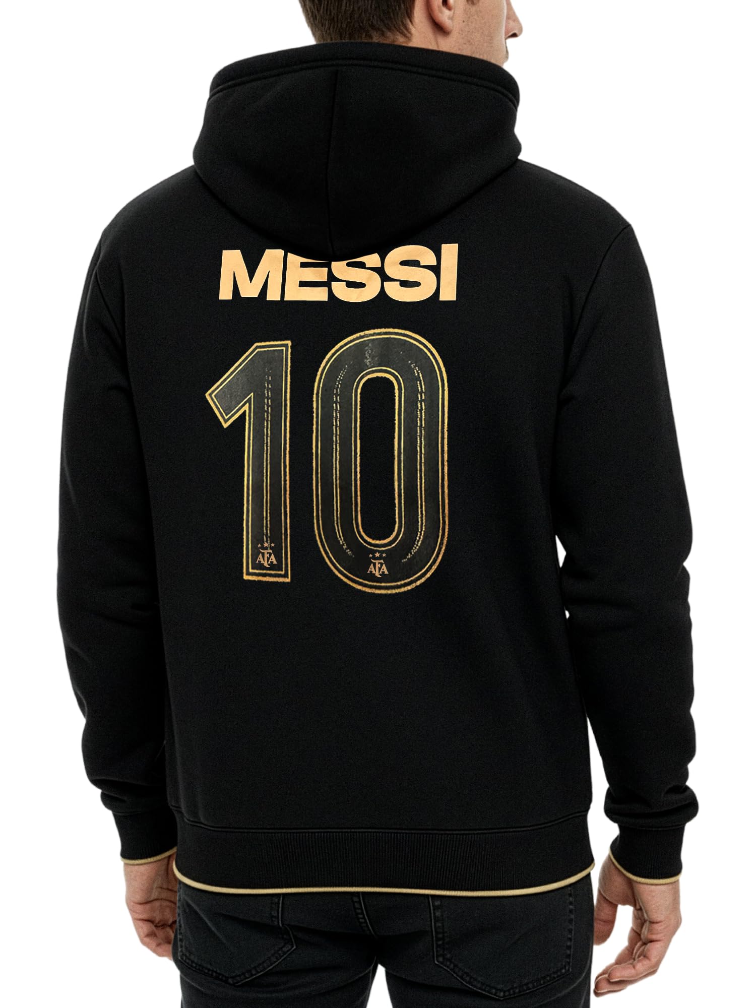 Icon Sports Lionel Messi 10 Argentinien AFA Kapuzenpullover, Erwachsenengrößen, Schwarz / Gold