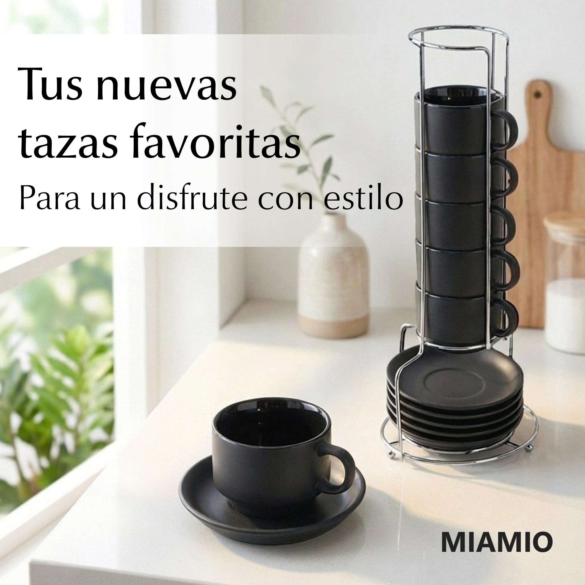 MIAMIO 6 x 75 ml Tazas Cafe Espresso De Cerámica de Gres - Juego De Tazas De Café con Plato - Le Papillon Colección (Negro)