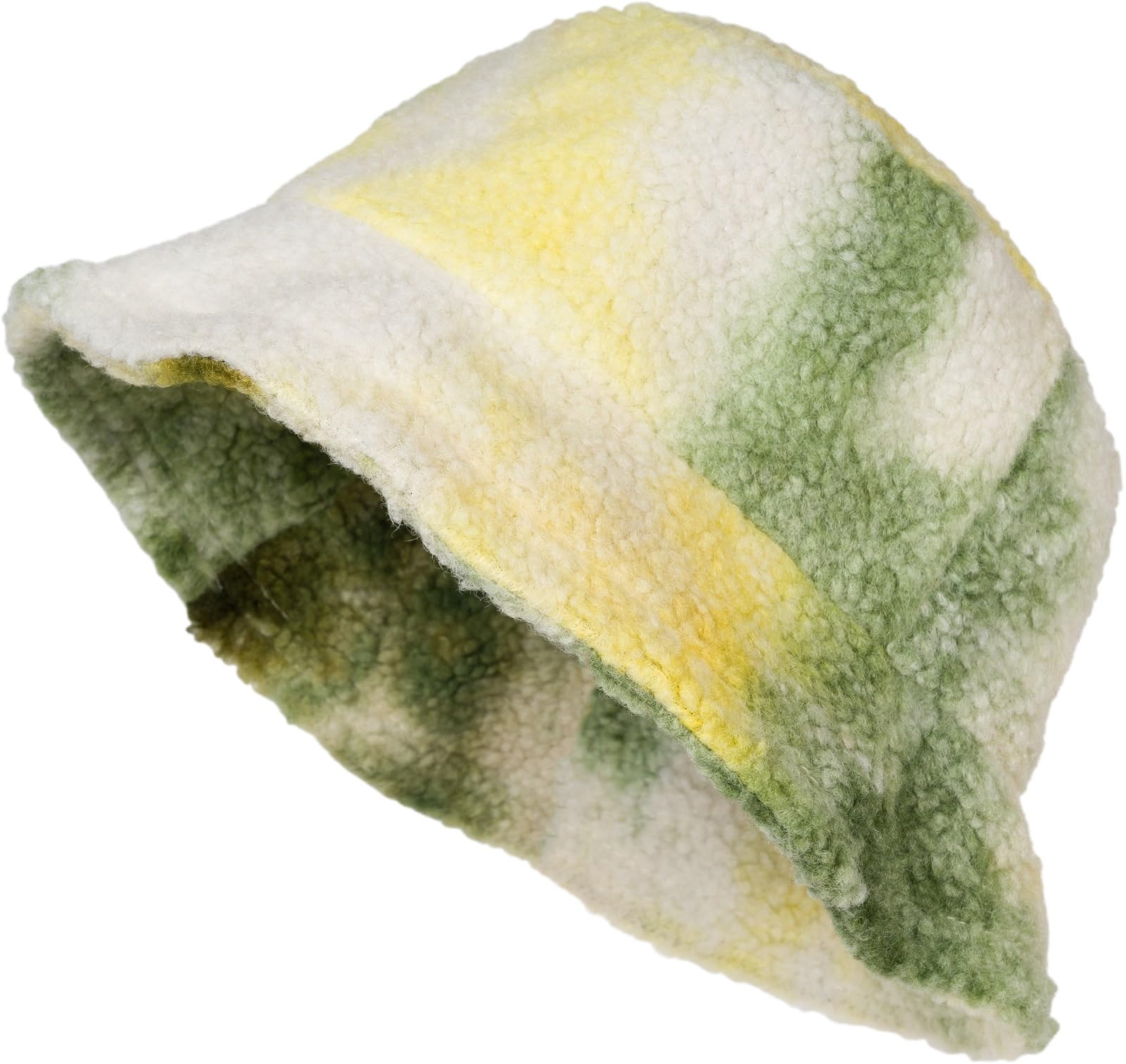 Stylebreaker Women's Dark Green-Yellow-White Fishing Hat In Teddy Fur In Ombré Look, Warm Bucket Hat Autumn Winter, Colour Gradient Pattern Colourful 04025038, Colour: