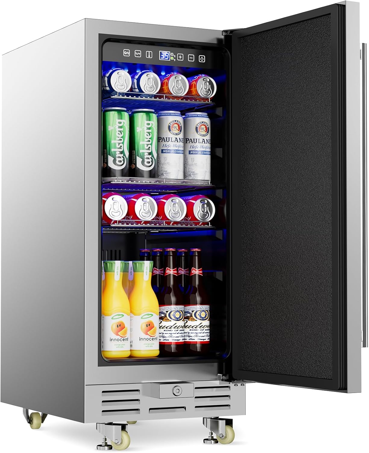 Outdoor Beverage Refrigerator, 15 Inch Stainless Steel Under Counter Beer Beverage Fridge for 120 Cans w/ 34-65℉, Indoor/Outdoor Beverage Refrigerator Beer Cooler with Lock, Built-in/Freestanding
