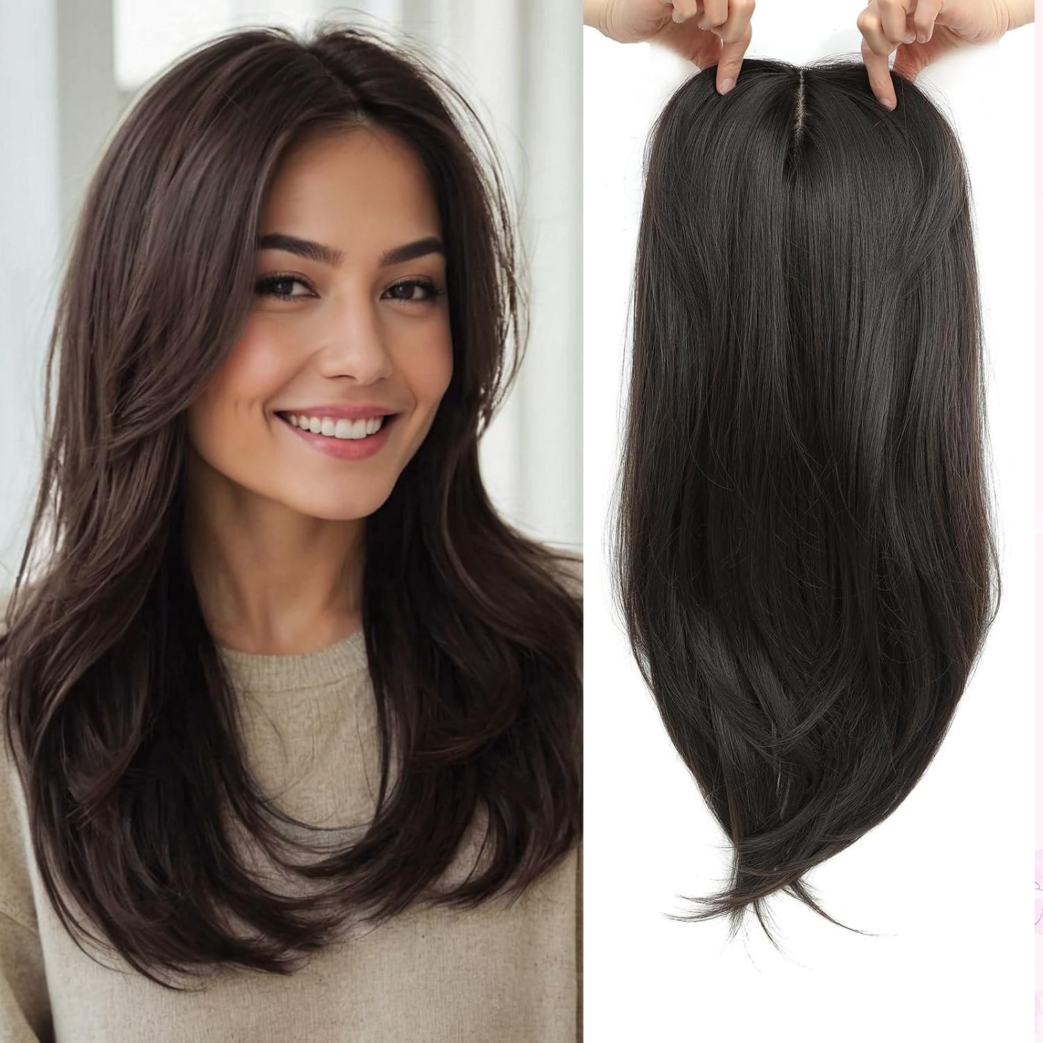 Photo 1 of Molefi Hair Topper,18 Inch Long Layered Toppers for Women with Thinning Hair,Add Volume Synthetic Wiglets Pieces For Women 6.5"×6.5" Large Base for Daily Use(Dark brown)