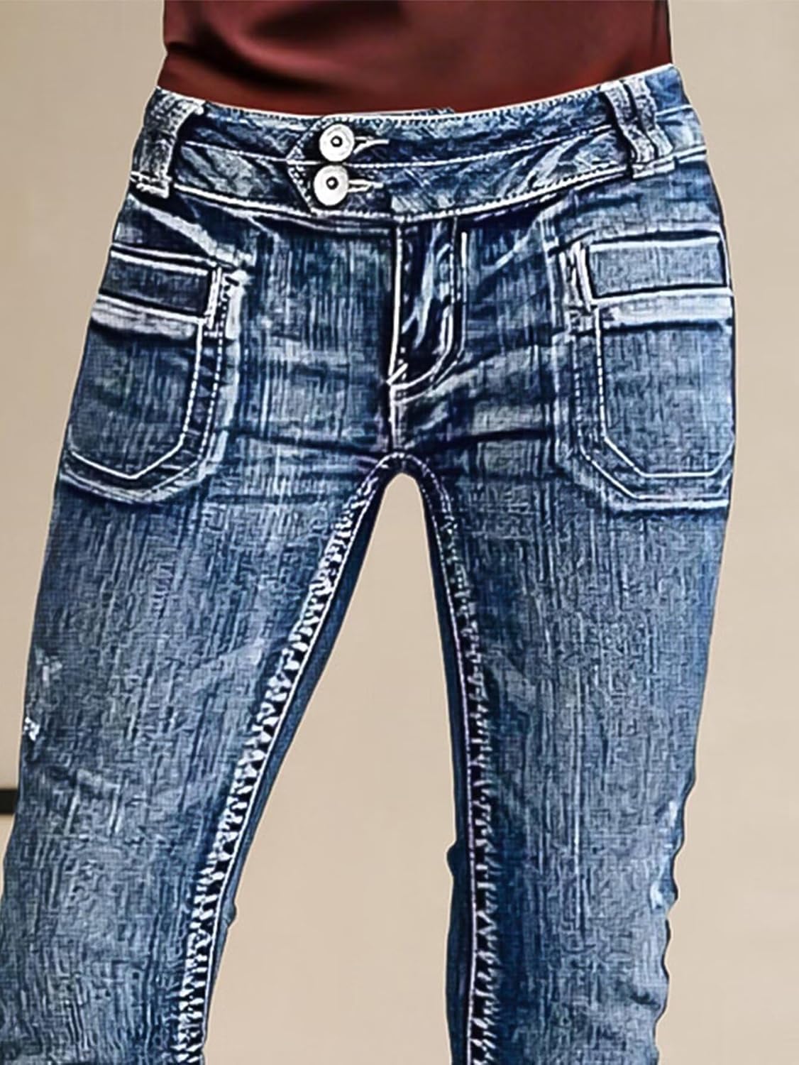 Flamingals Flare Leg Low Rise Wash Dual Button with Patch Pocket Elastic Vintage Jeans for Women - Image 2