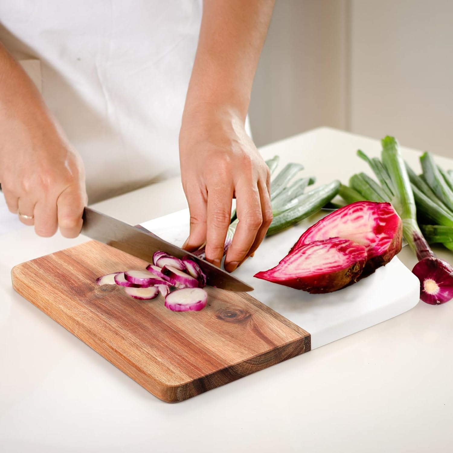 Coloch Marble and Acacia Wood Cutting Board, Charcuterie Chopping Board with Handle, Decorative Serving Board for Cheese, Steak, Bread, Fruit (white) - Image 5